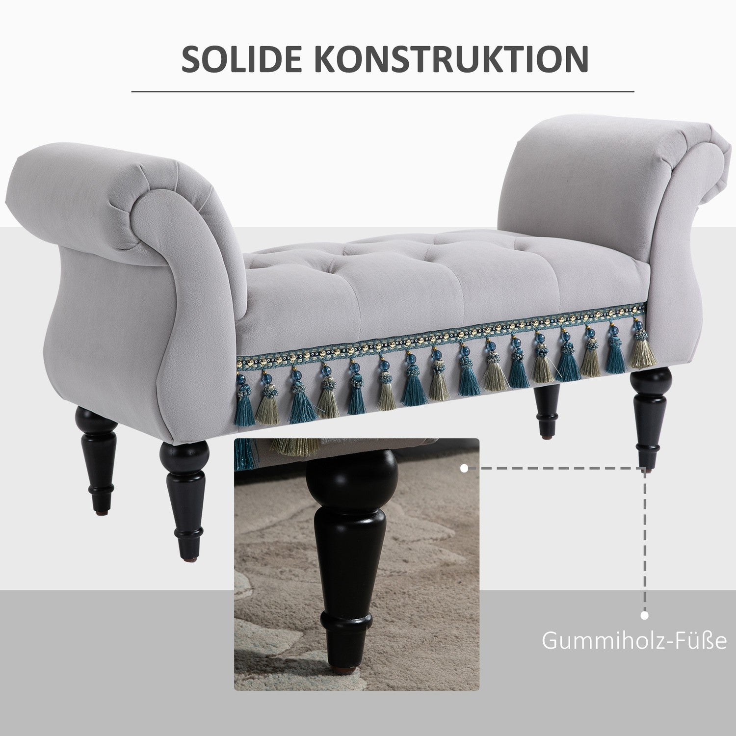 Elegant grå klädd träbänk – 117 x 40 x 58 cm