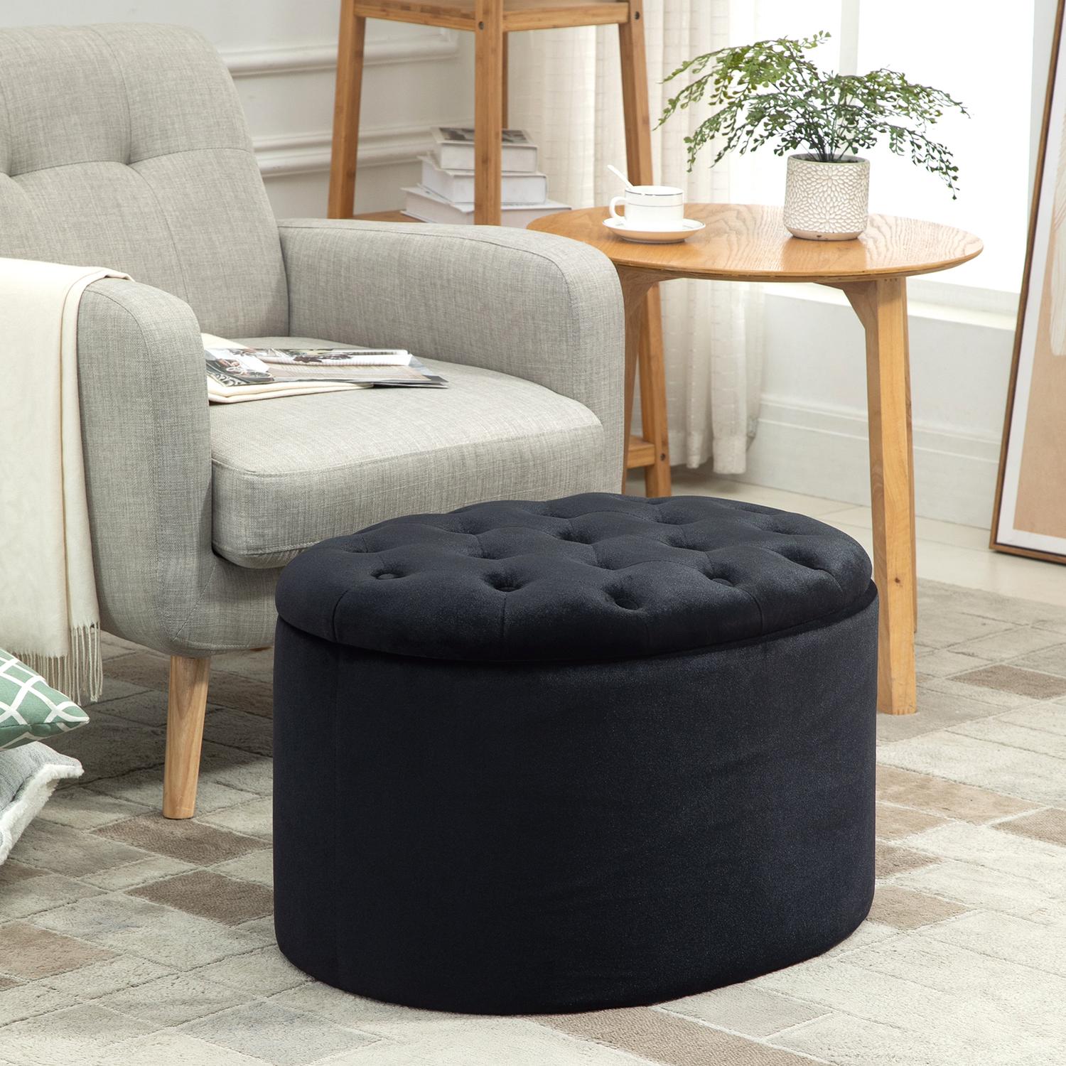 Modern svart oval bänk – stoppad förvaring, sammetslen finish