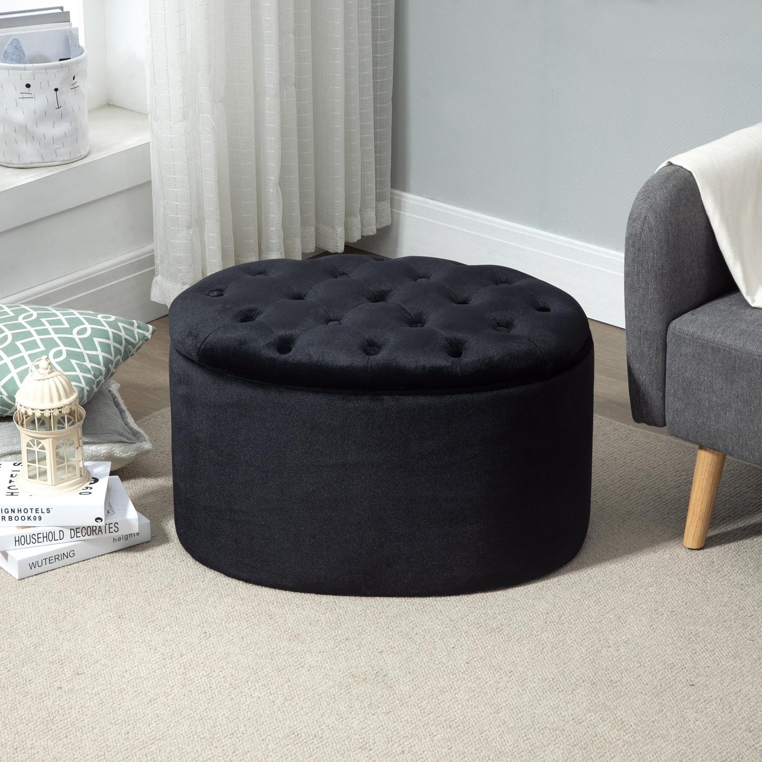 Modern svart oval bänk – stoppad förvaring, sammetslen finish