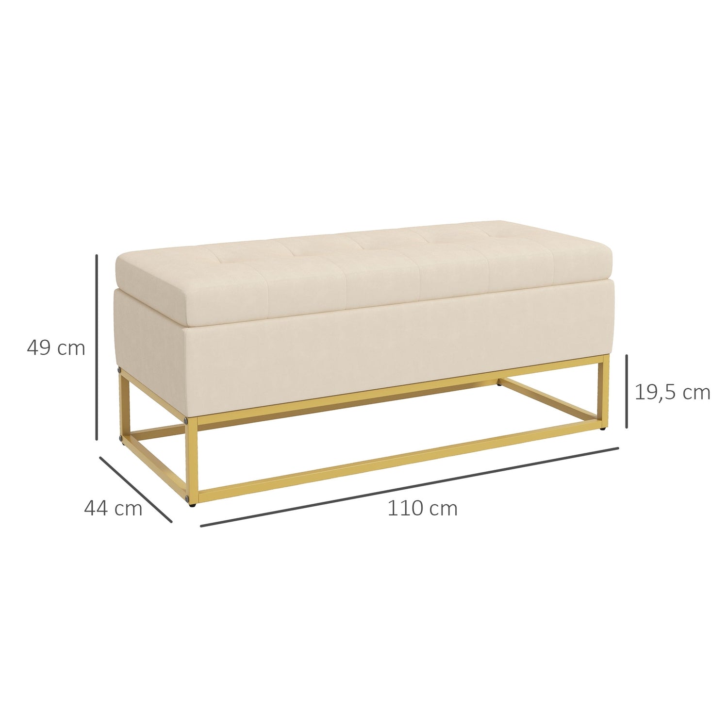Beige stoppad förvaringsbänk med stålben, 110cm