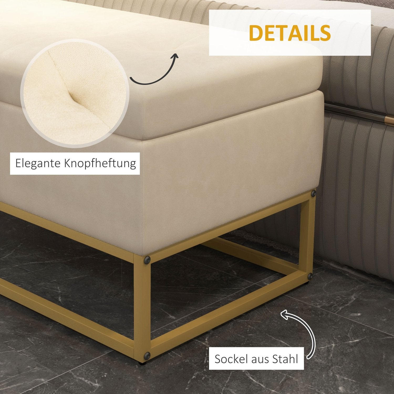 Beige stoppad förvaringsbänk med stålben, 110cm