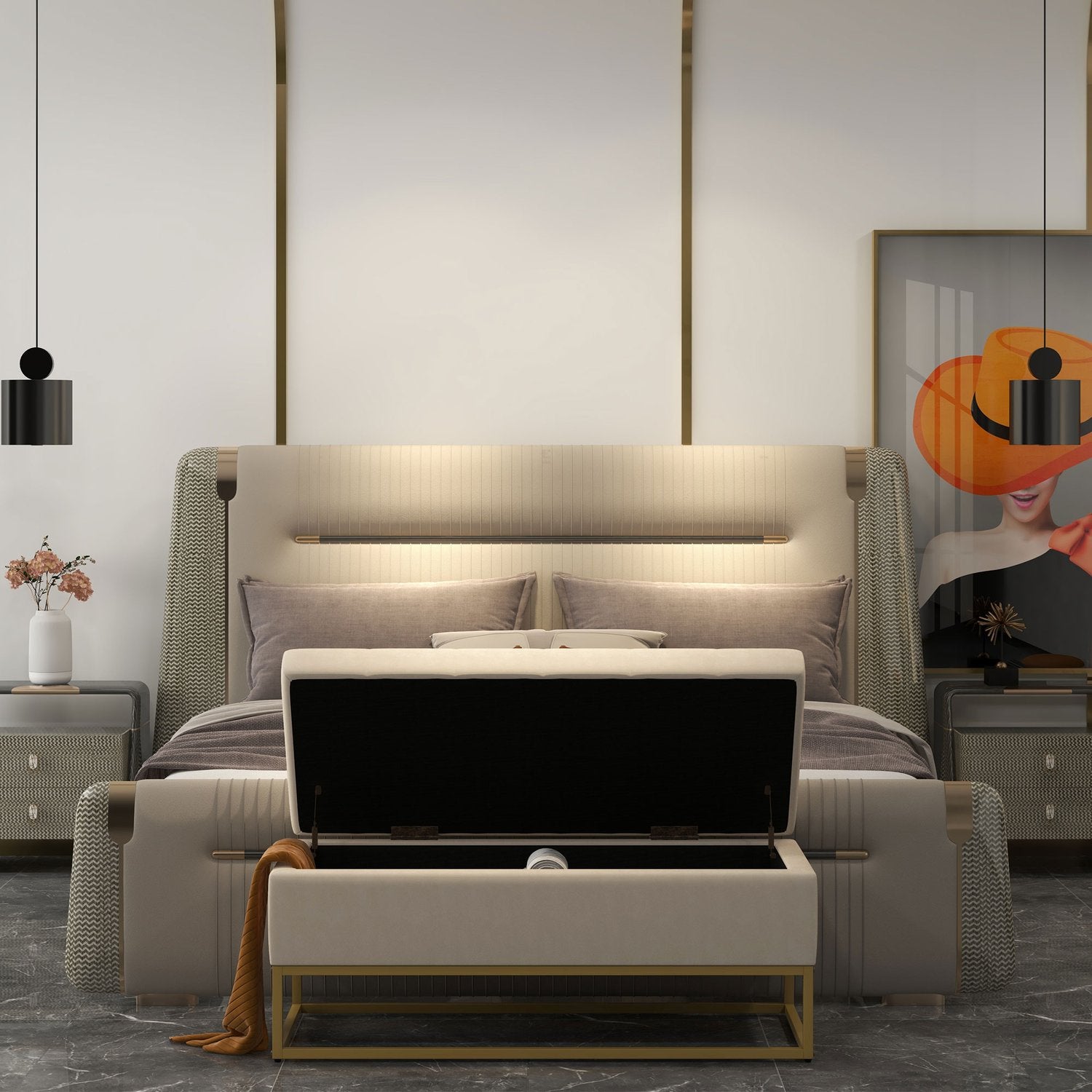 Beige stoppad förvaringsbänk med stålben, 110cm