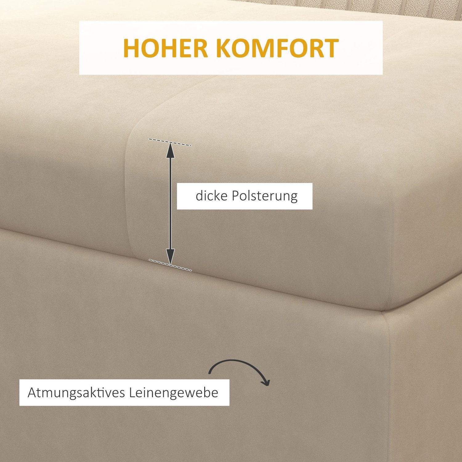 Beige stoppad förvaringsbänk med stålben, 110cm
