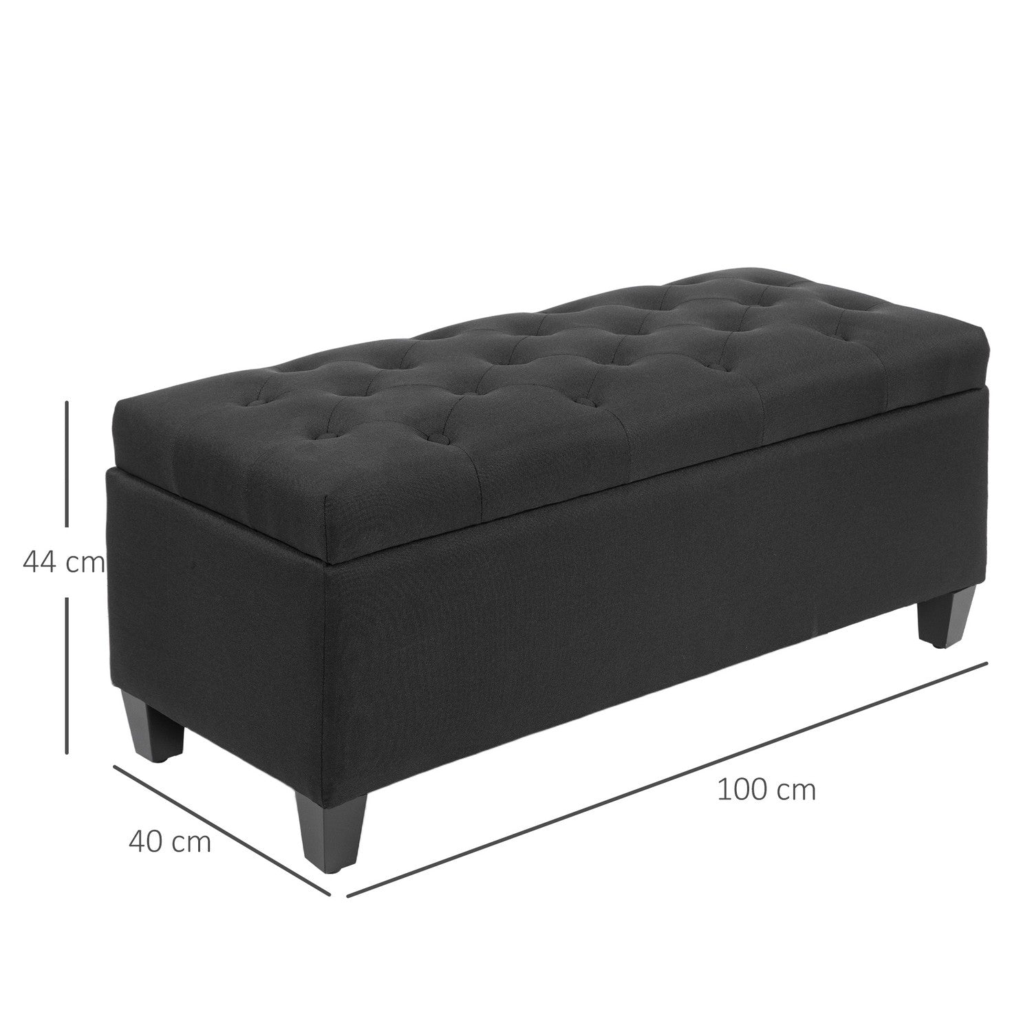 Svart stoppad förvaringsbänk – 100x40x44 cm, linneliknande polyester