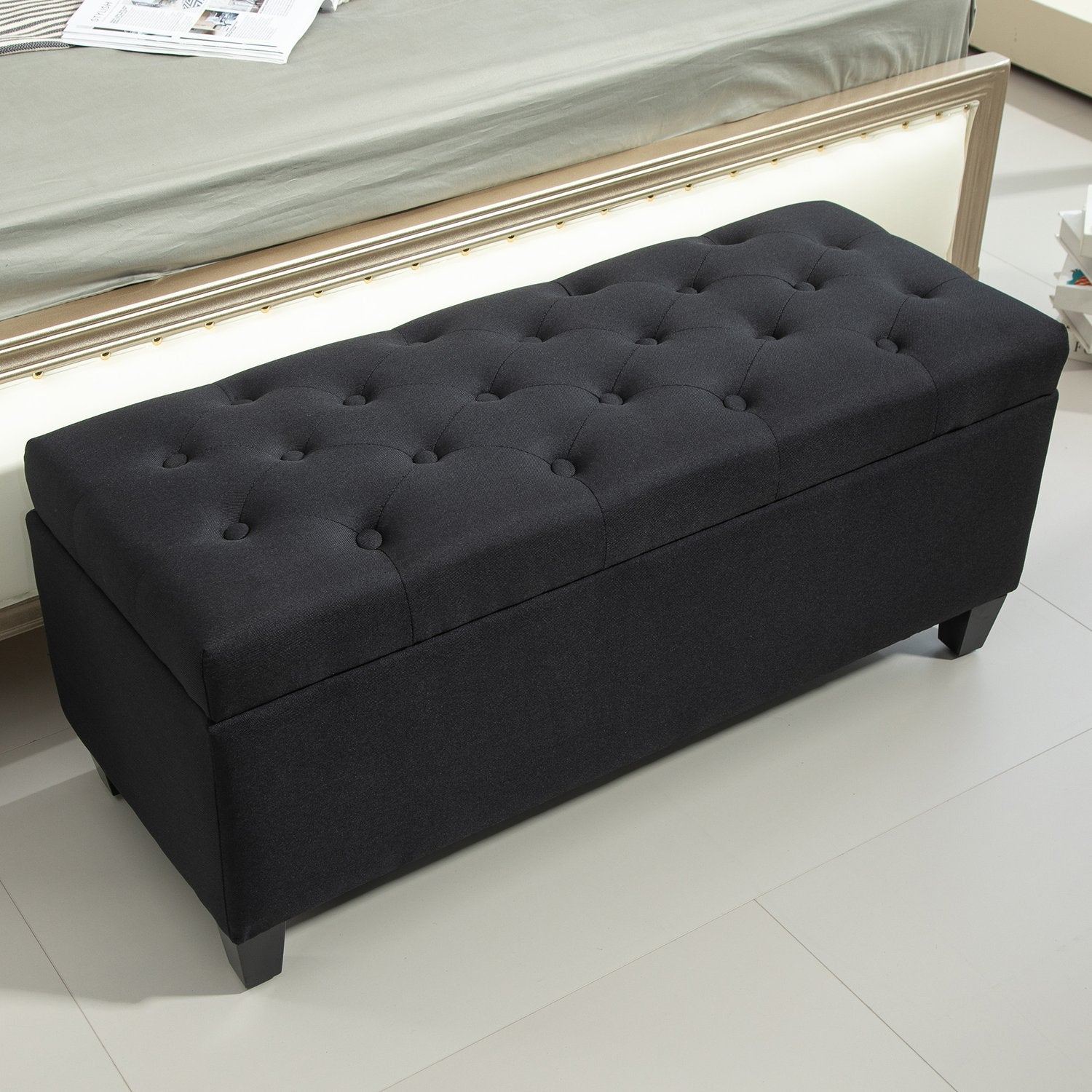 Svart stoppad förvaringsbänk – 100x40x44 cm, linneliknande polyester