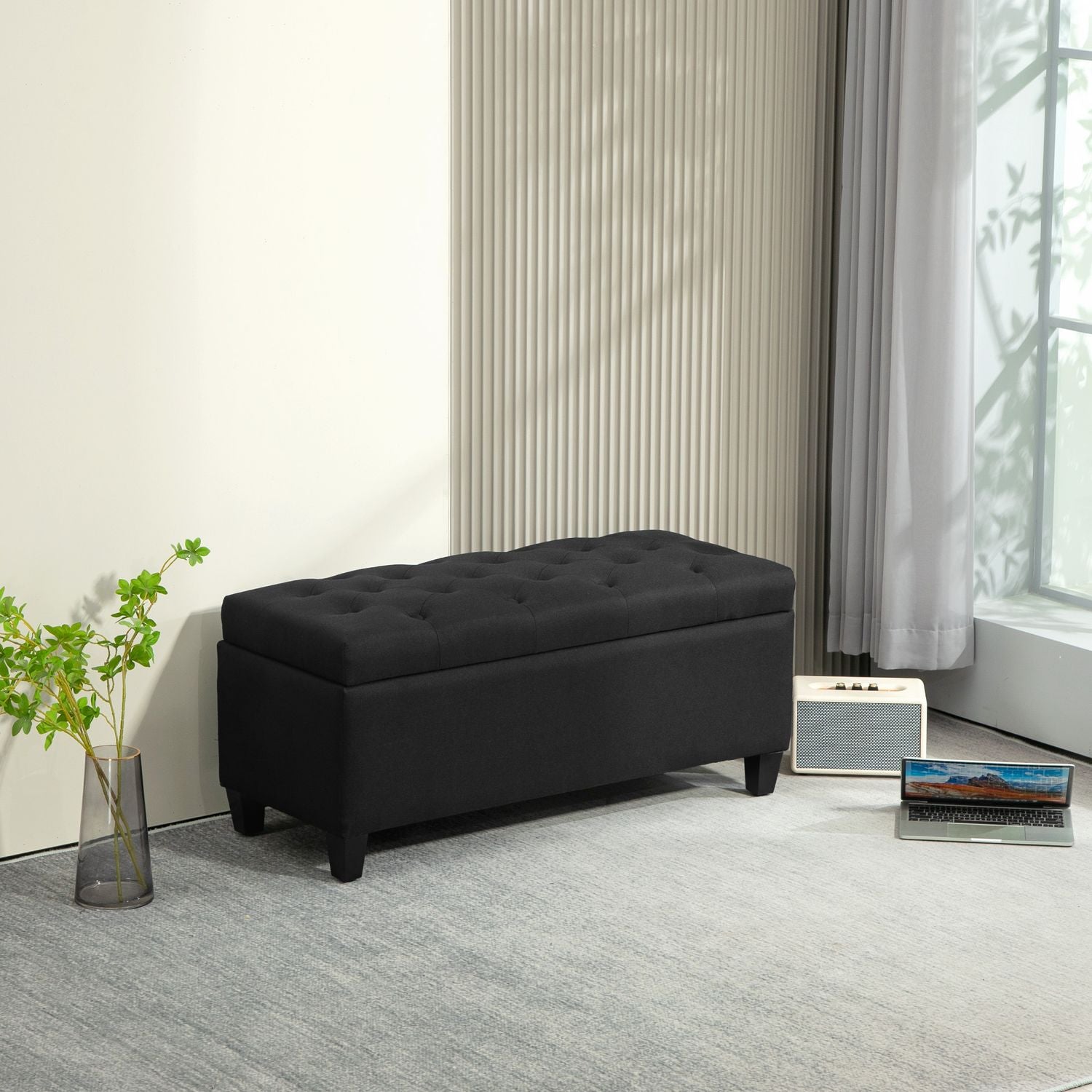 Svart stoppad förvaringsbänk – 100x40x44 cm, linneliknande polyester