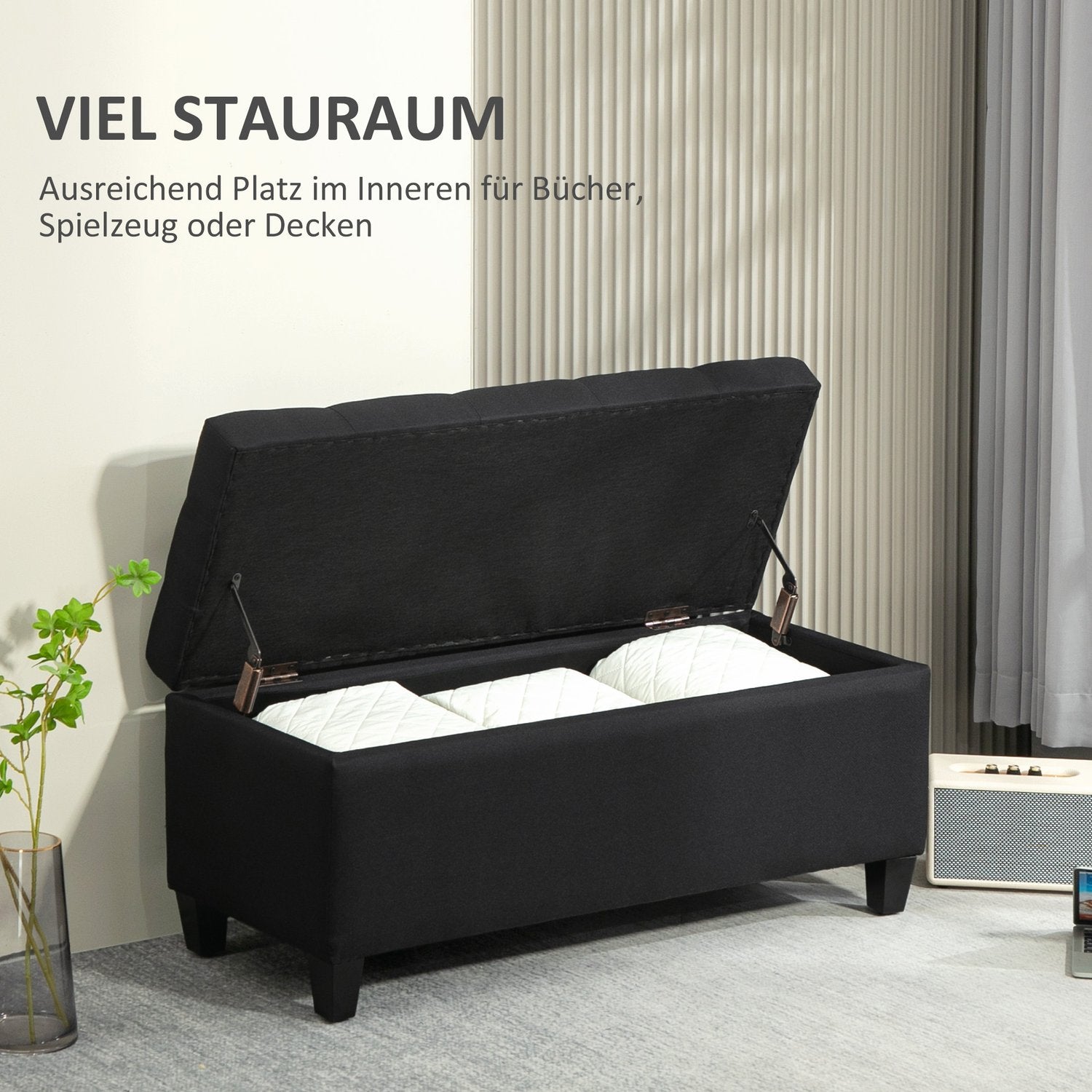 Svart stoppad förvaringsbänk – 100x40x44 cm, linneliknande polyester