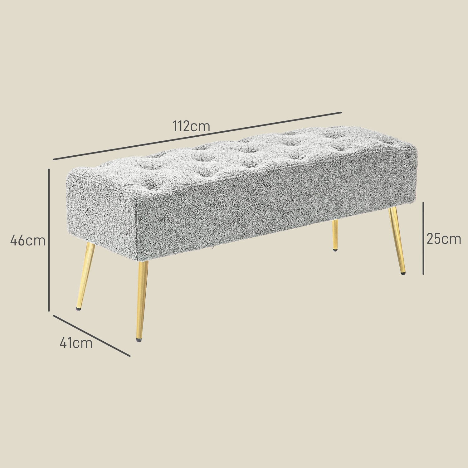 Klädd Grå bänk med knapptuft, 112x41x46 cm