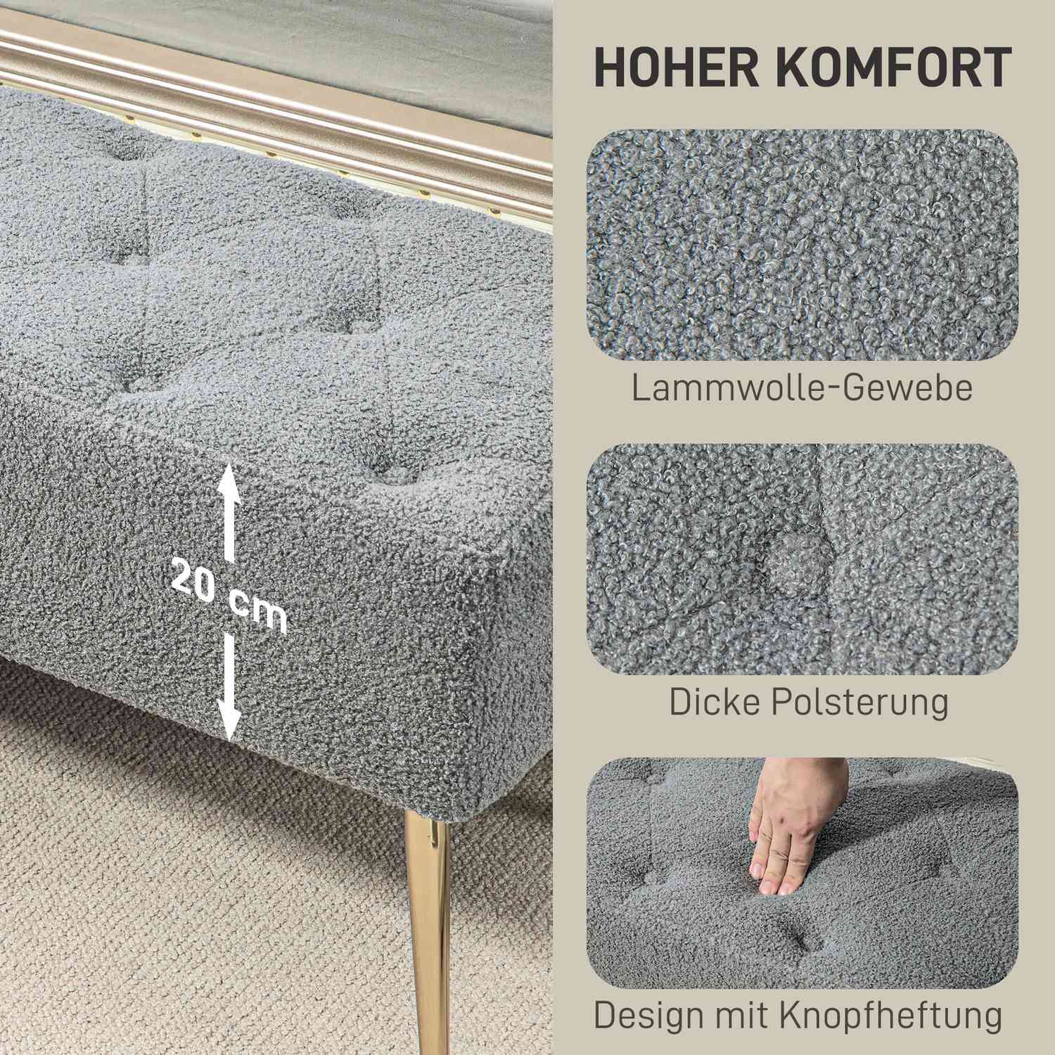 Klädd Grå bänk med knapptuft, 112x41x46 cm