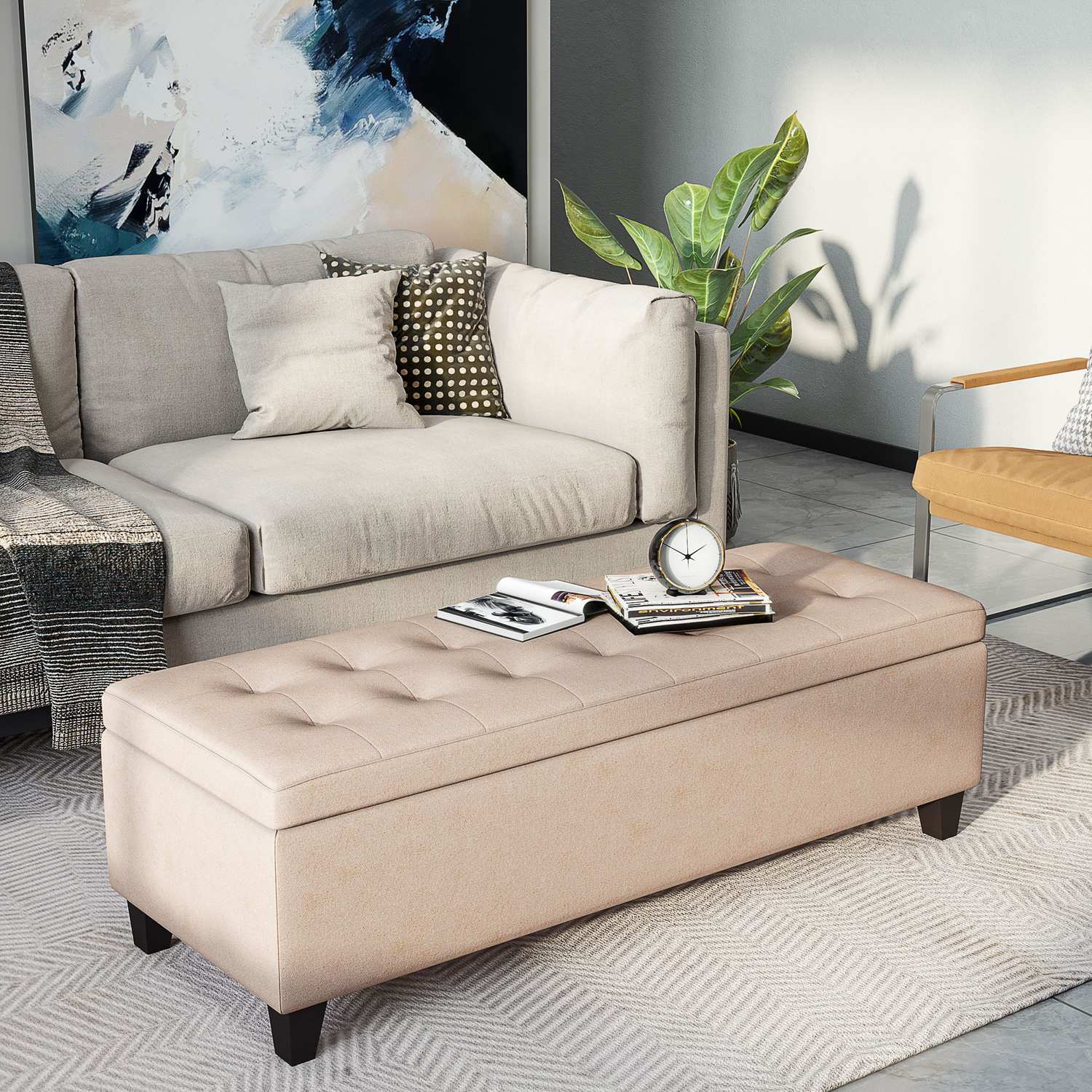 Klädd förvaringsbänk – linnelook, beige