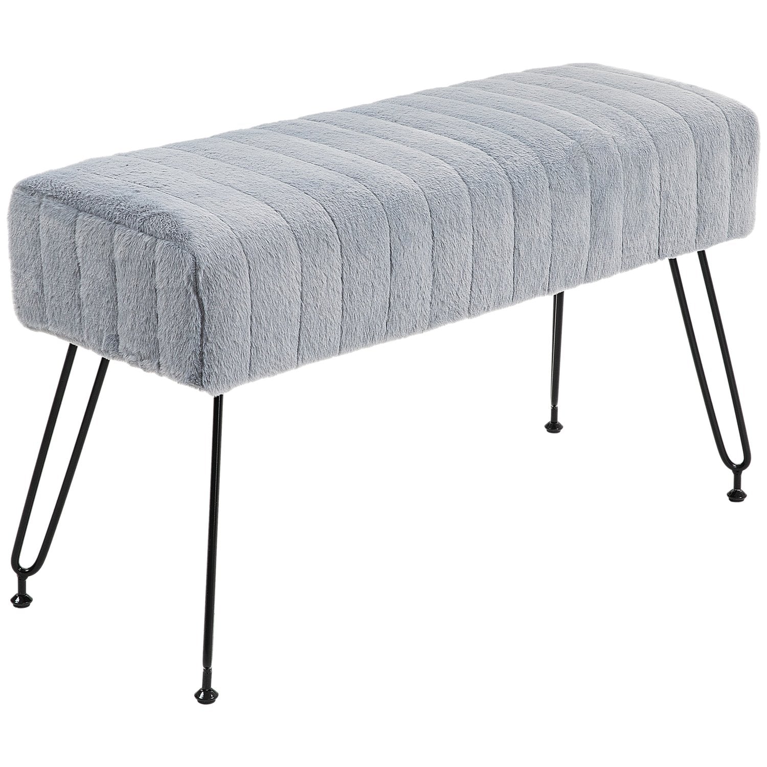 Grå fuskpälsstoppad bänk med metallben – 82 x 30 x 47 cm