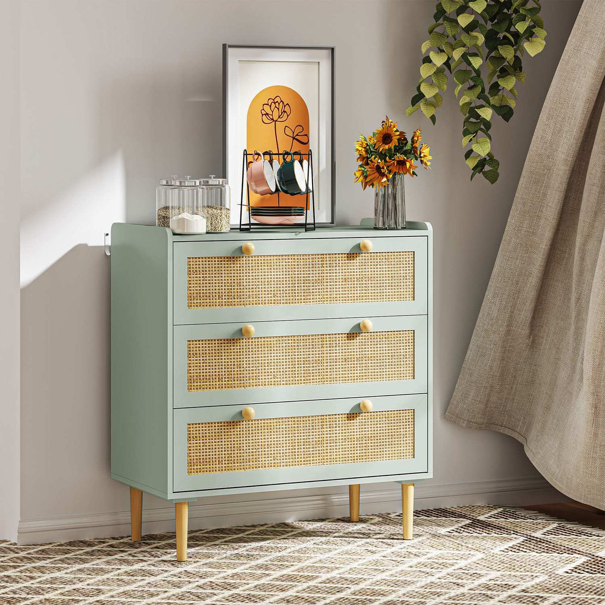 Boho ratanová komoda, příborník se 3 zásuvkami, světle modrá