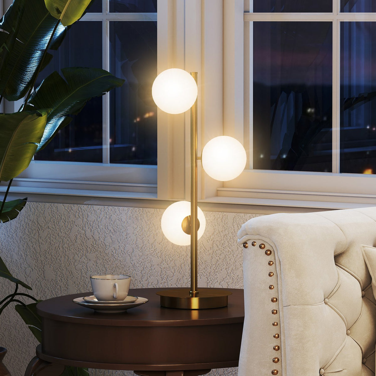 Bordlampa med 3 glober, mässingsfinish, G9-sockel, 53 cm
