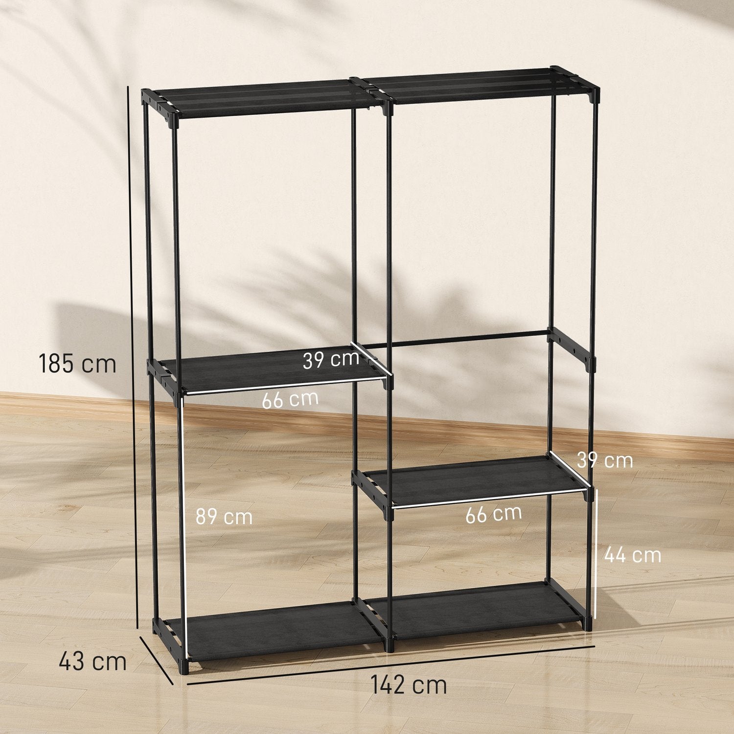 Bärbar klädställning, metallram, tyghyllor, svart