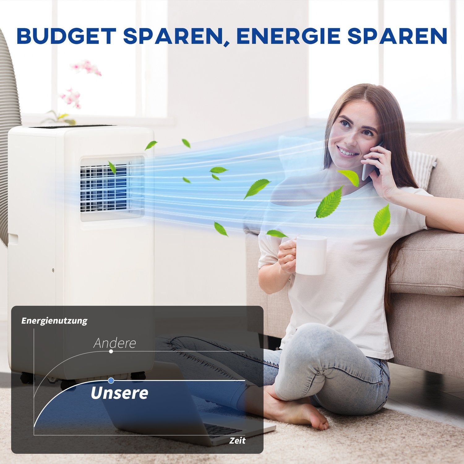 Bärbar luftkonditionering, 9000 BTU, 3-i-1 kylning och avfuktare