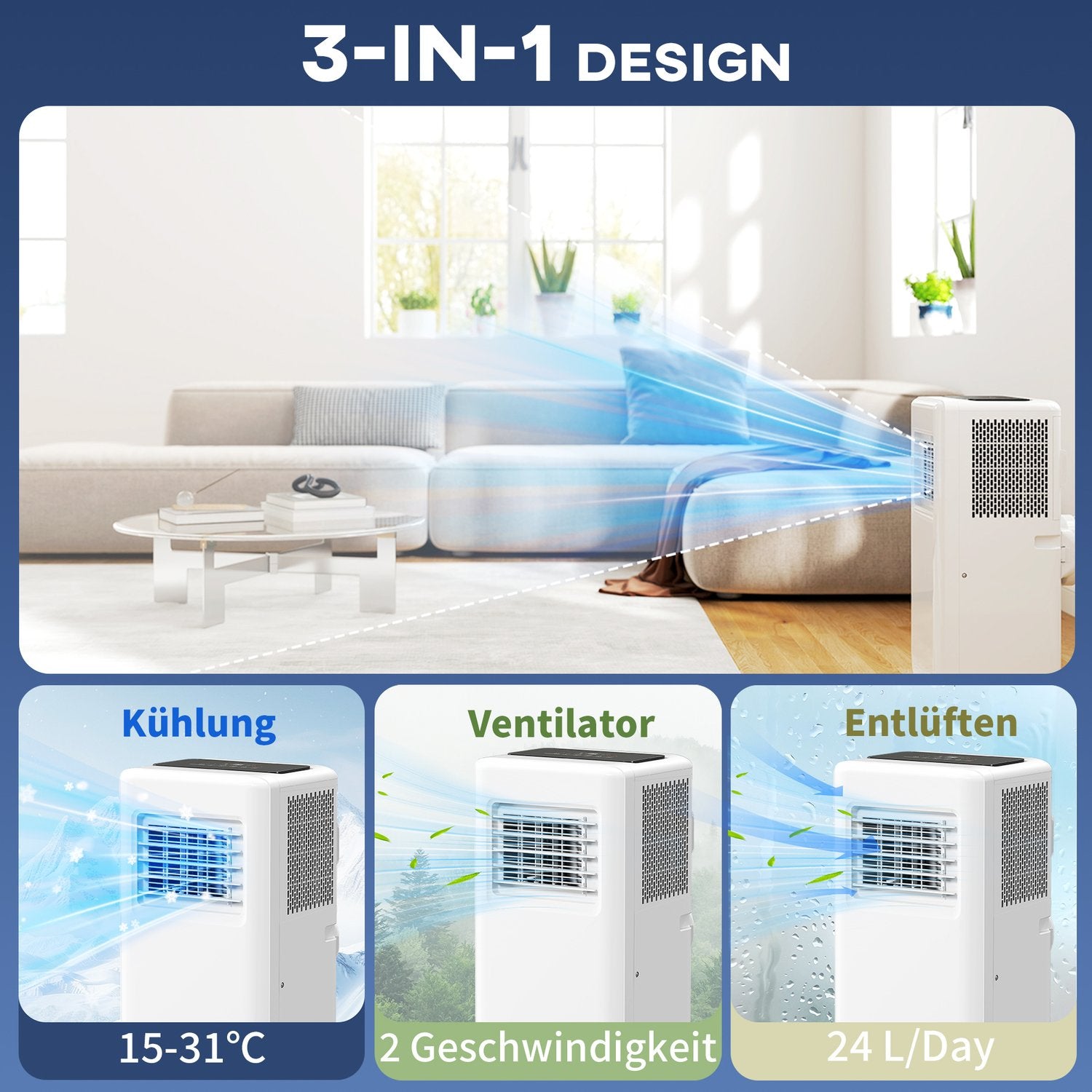 Bärbar luftkonditionering, 9000 BTU, 3-i-1 kylning och avfuktare