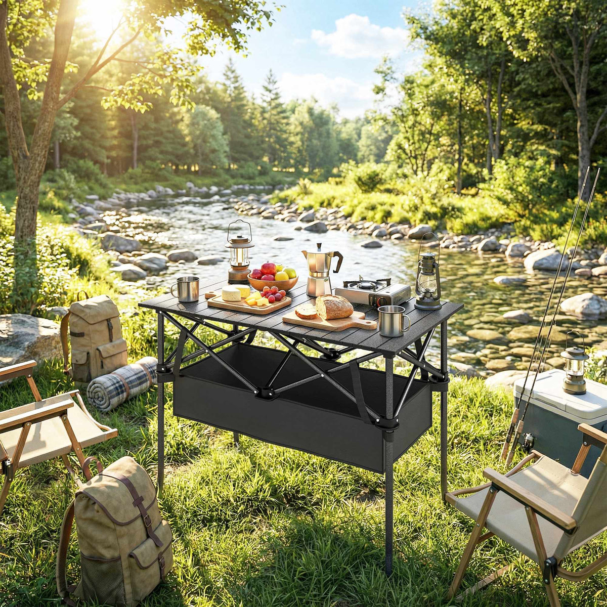 Bärbart hopfällbart campingbord med nätförvaring, svart