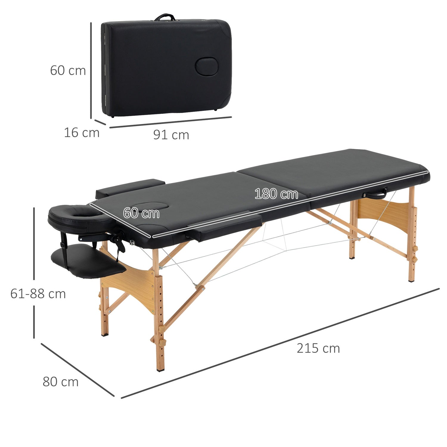 Bärbart hopfällbart massagebord, justerbar höjd, svart