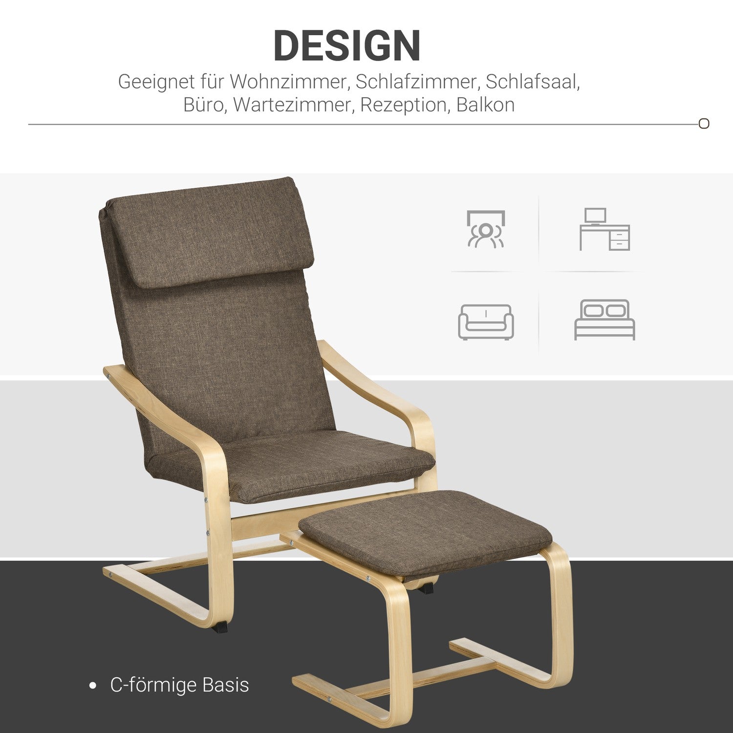 Brun avkopplingsstol & fotpall, linneöverdrag, 67x72x100 cm