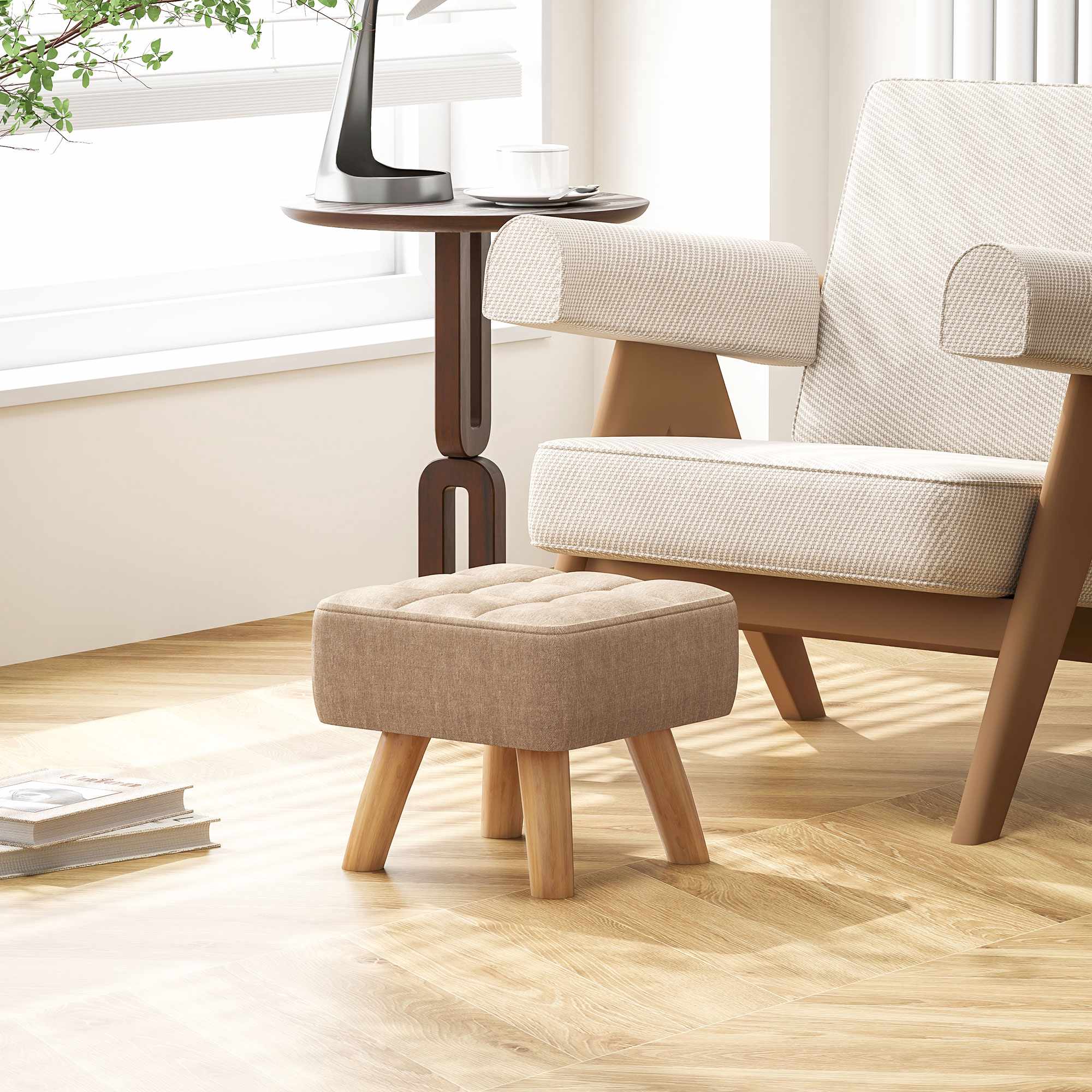 Brun fotpall i linne-look, stoppad, 110 kg kapacitet