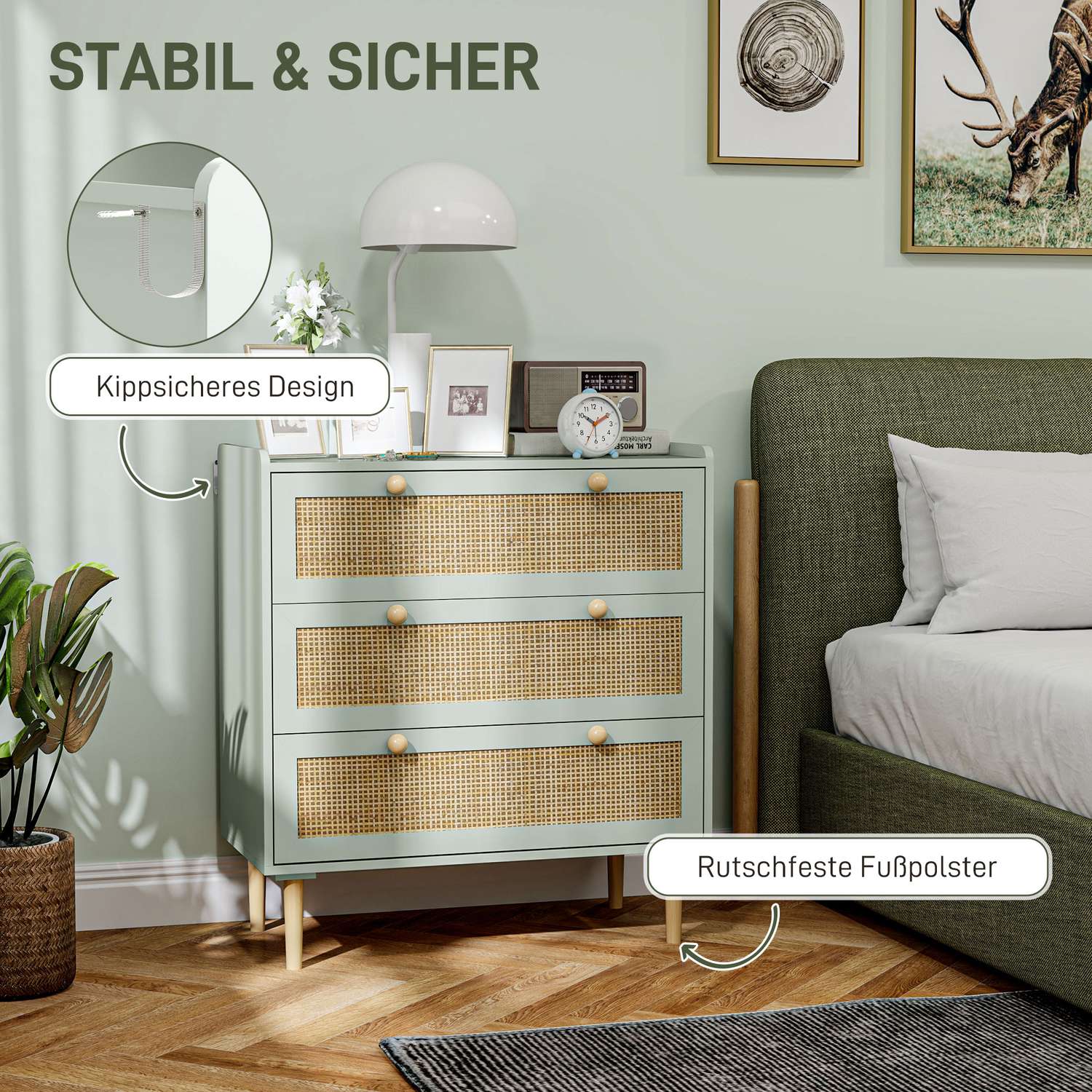 Boho Rattan byrå, 3-lådor skänk, ljusblå
