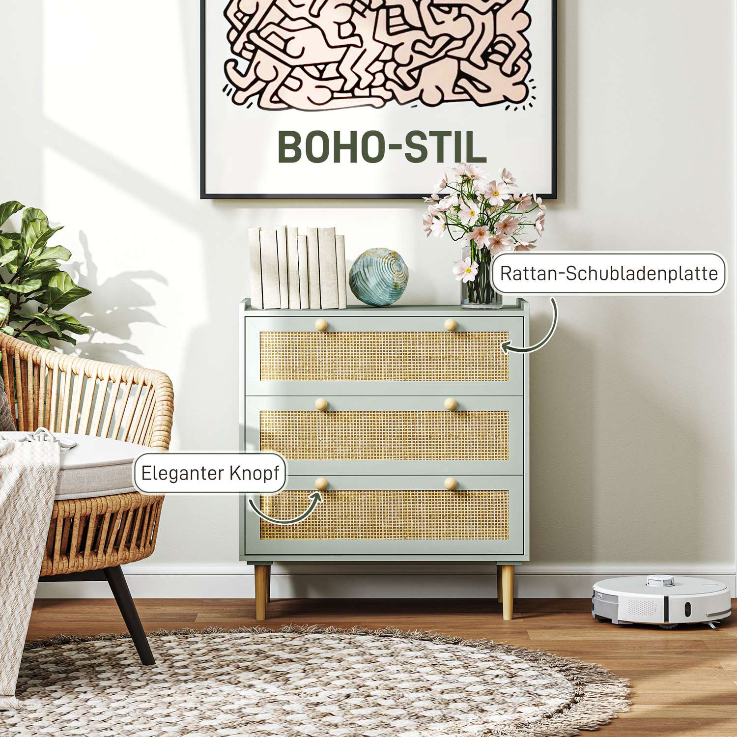 Boho Rattan byrå, 3-lådor skänk, ljusblå
