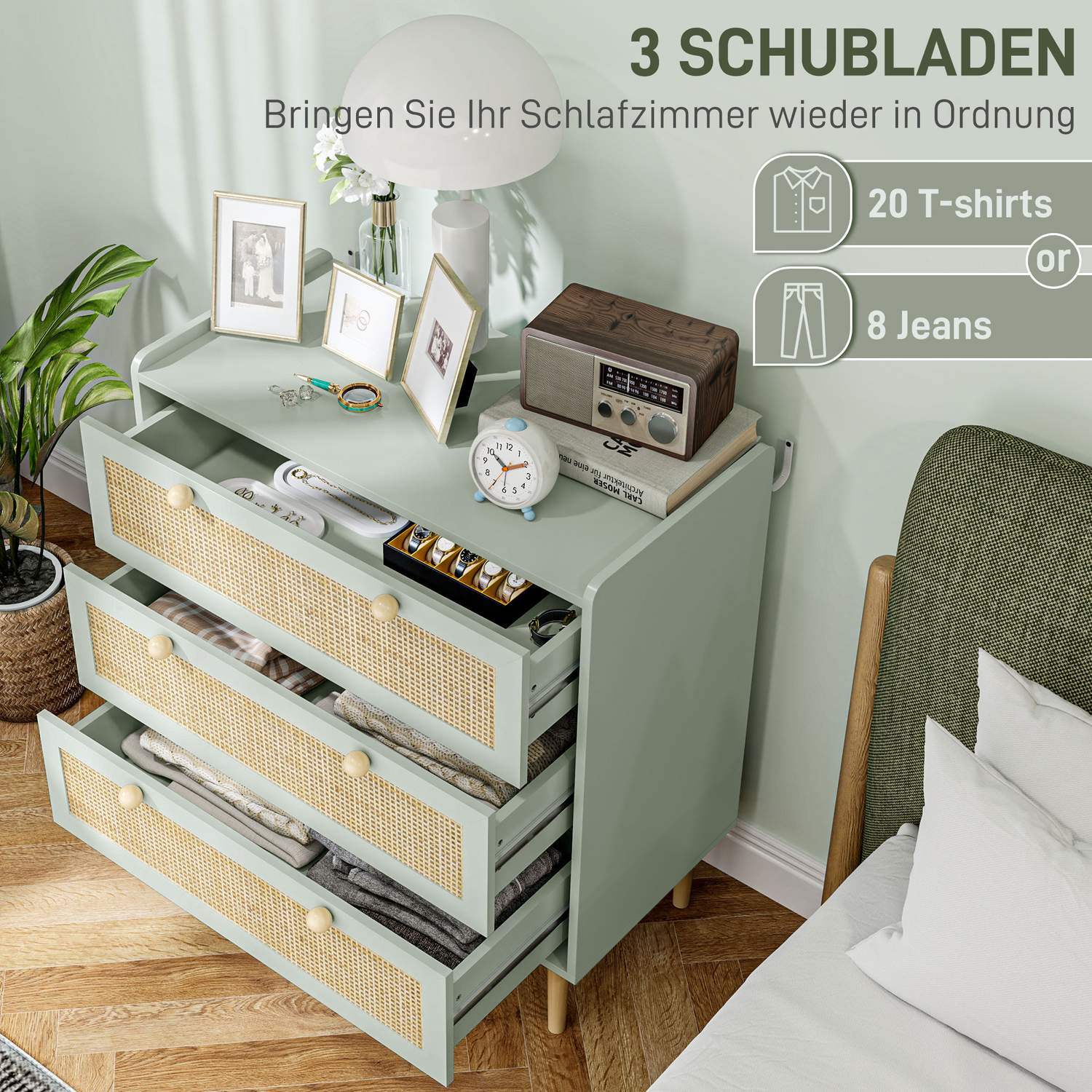 Boho Rattan byrå, 3-lådor skänk, ljusblå