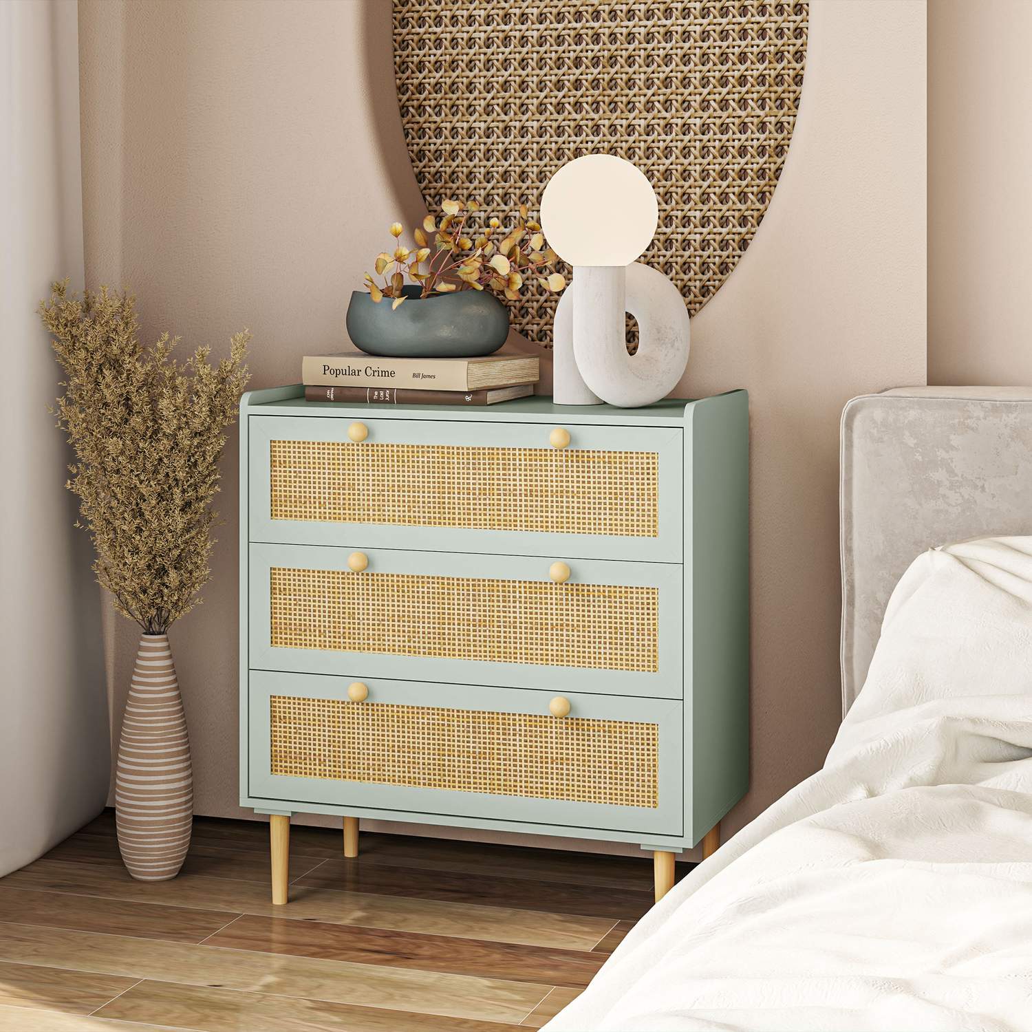 Boho Rattan byrå, 3-lådor skänk, ljusblå