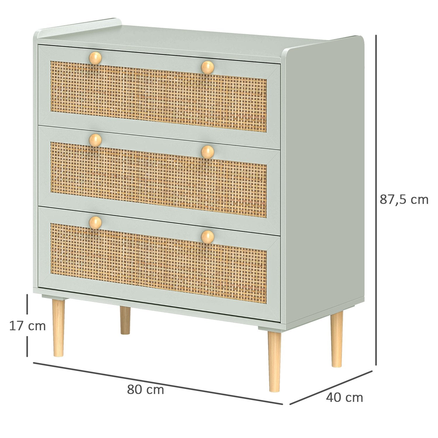 Boho Rattan byrå, 3-lådor skänk, ljusblå