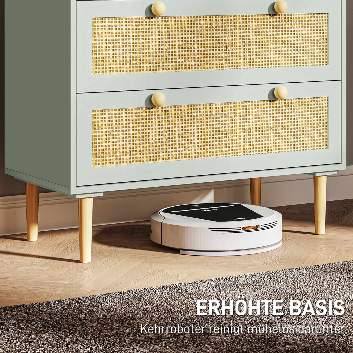 Boho Rattan byrå, 3-lådor skänk, ljusblå