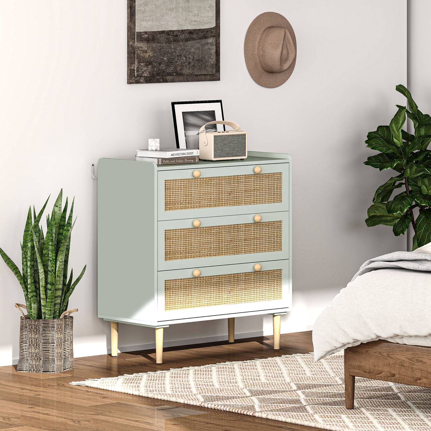 Boho Rattan byrå, 3-lådor skänk, ljusblå