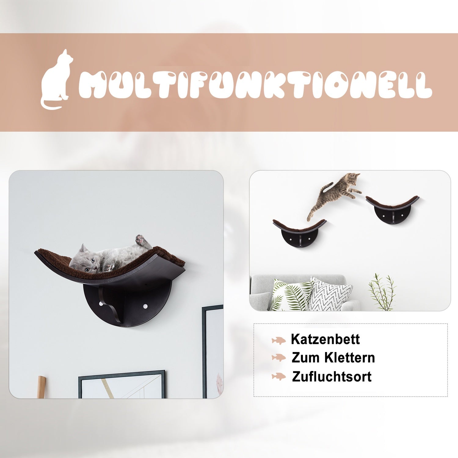 Väggmonterad kattsäng med plyschkudde, enkel montering