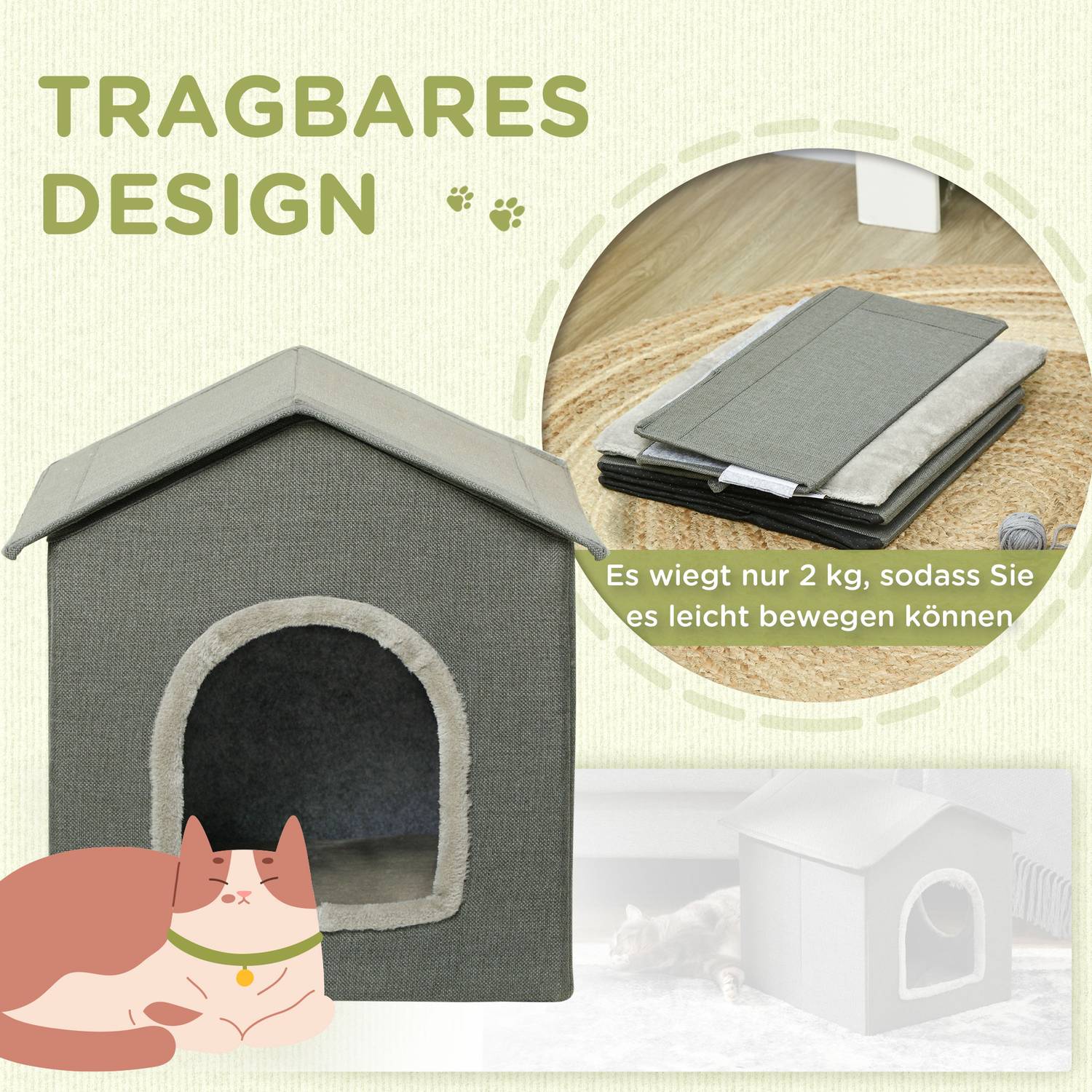 Cat Cave Bed, mysig grå polyester, rymmer katter upp till 5 kg