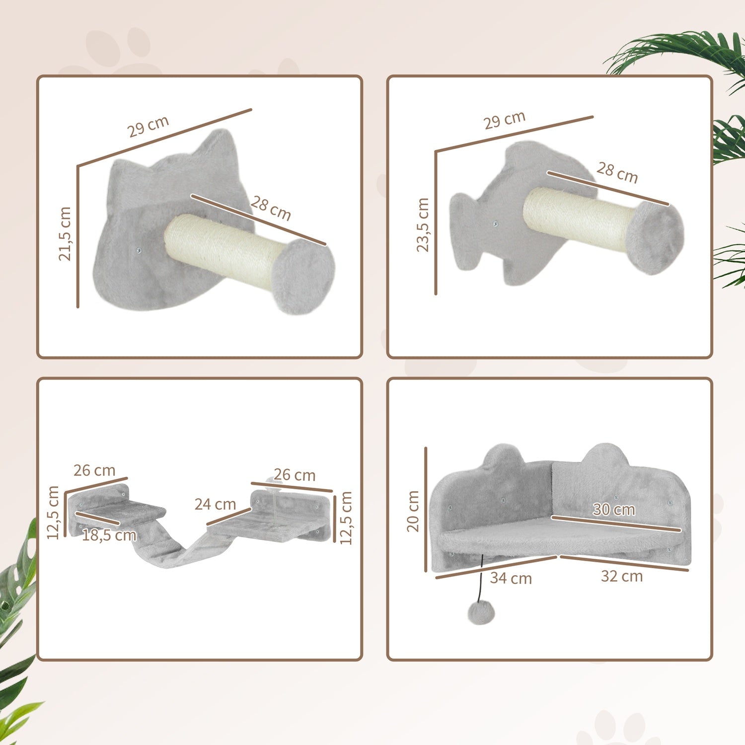 Cat Climbing Wall Set, 4-delat med trappsteg och sisalstolpar