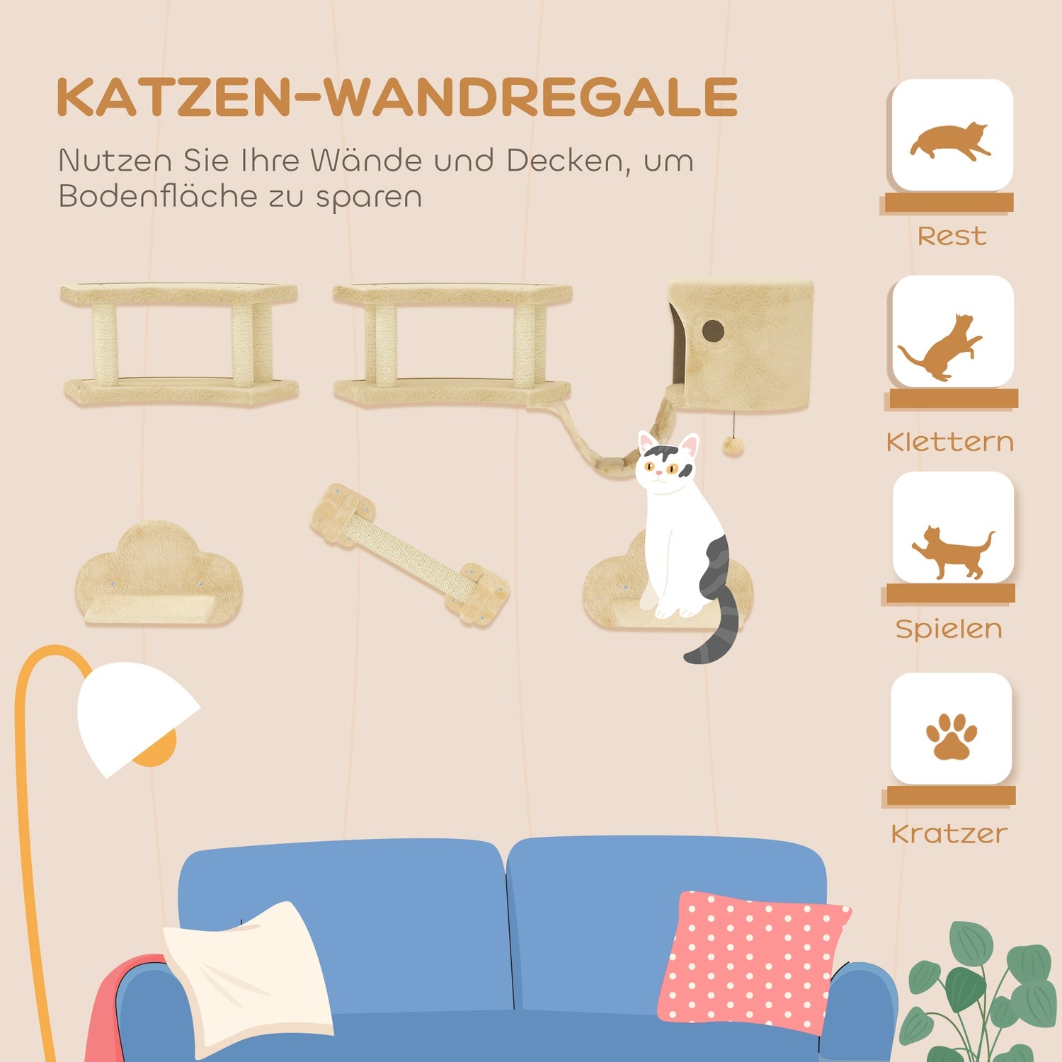 Cat Climbing Wall Set, 5-delat, plysch, för katter upp till 5 kg