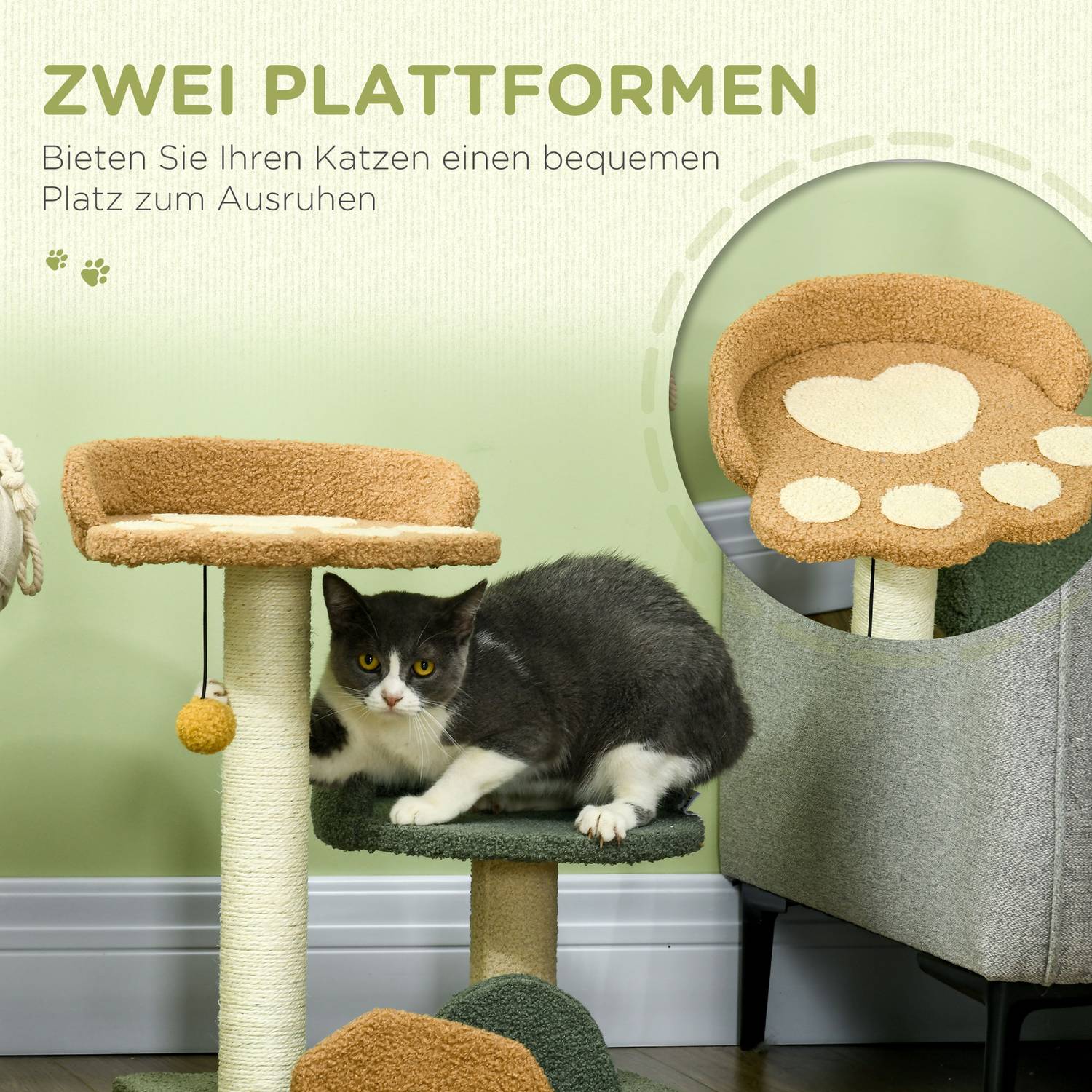 Cat Scratching Post 52 Cm, 2 Levels & Toy Ball Sisal