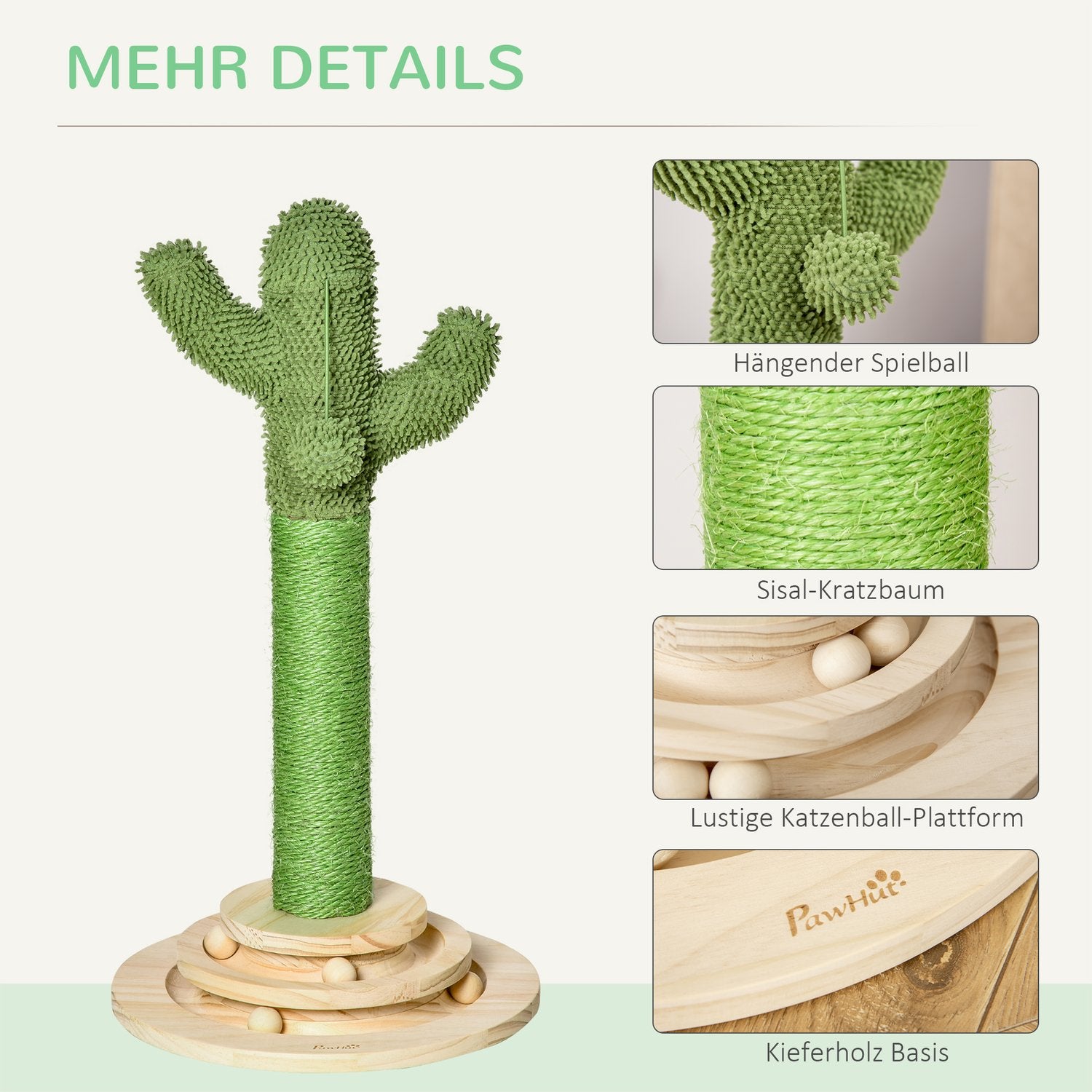 Cat Scratching Post Cactus Design, Sisal & Pine, 60cm