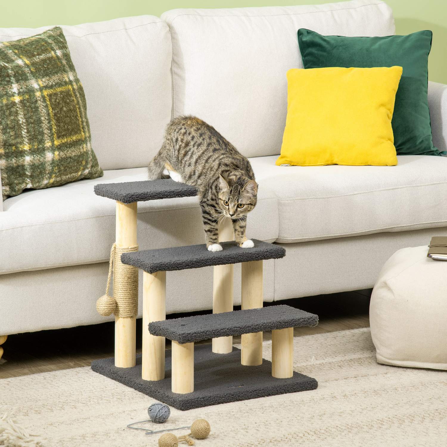 Cat Scratching Post med Sisal & Play Ball – Grå/Naturlig