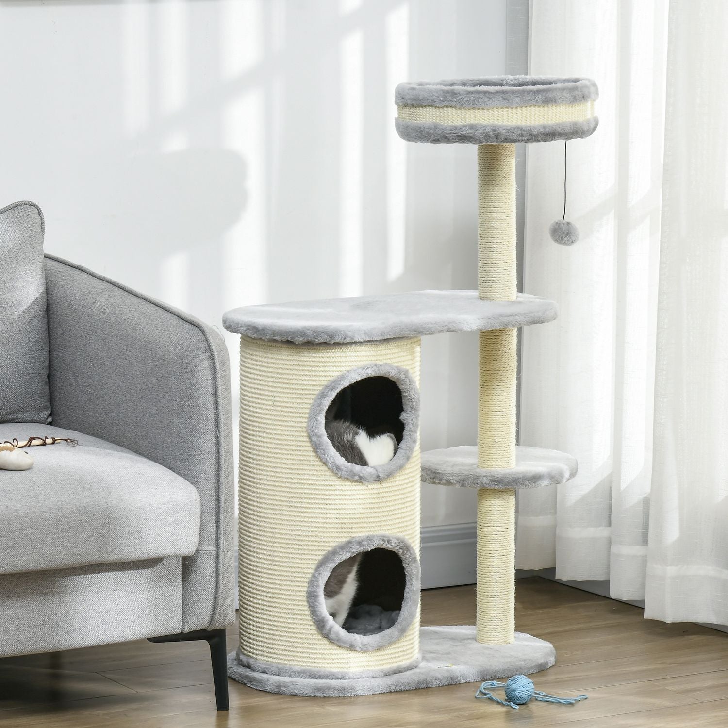 Cat Scratching Tower: 2 grottor, repstolpar, plysch, grå