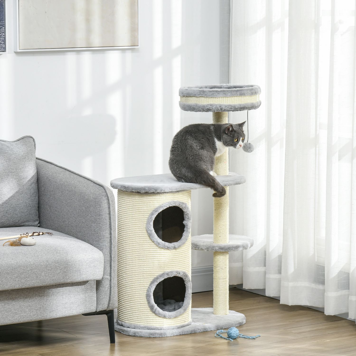 Cat Scratching Tower: 2 grottor, repstolpar, plysch, grå