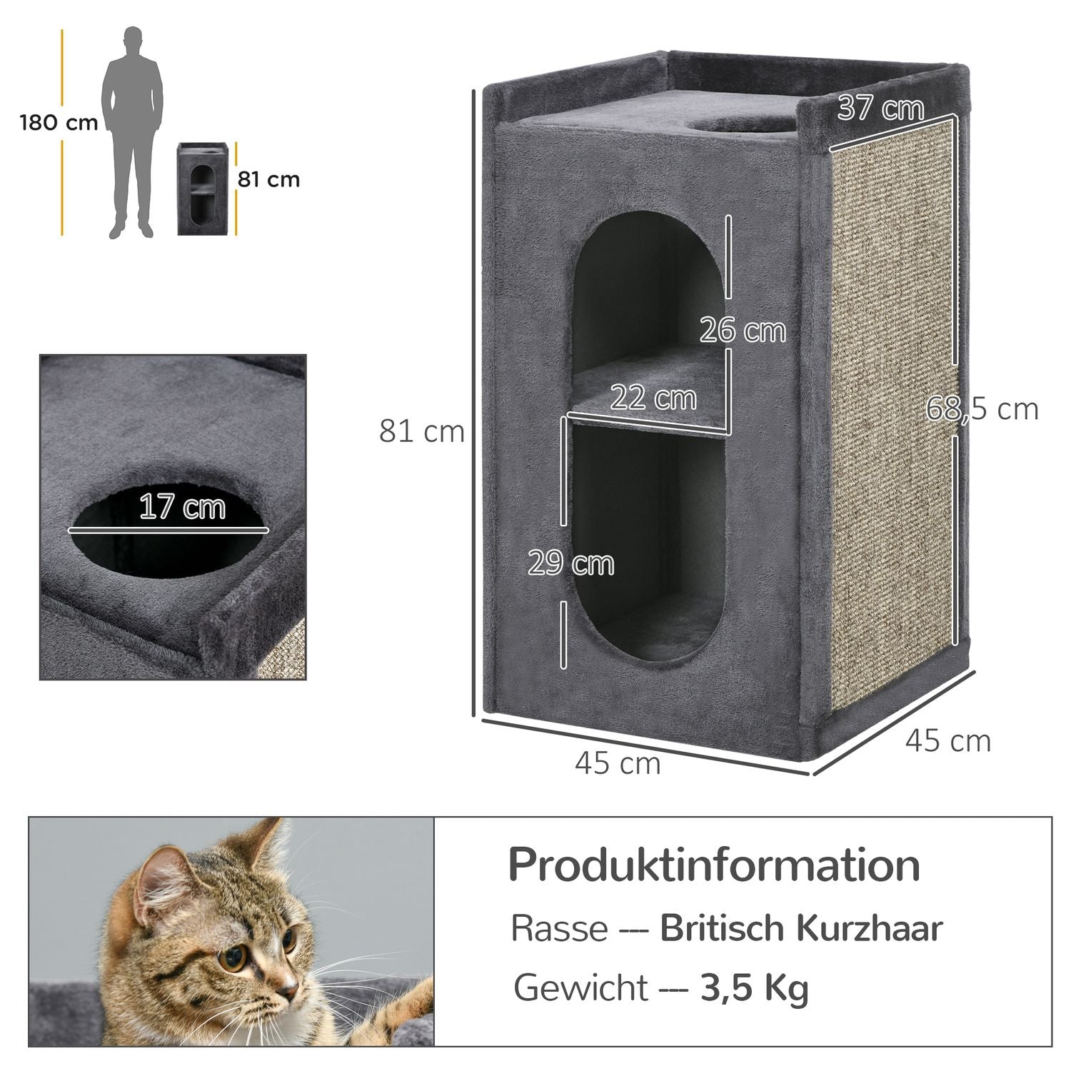 Cat Scratching Tower, 81 cm, 2 grottor, mörkgrå, upp till 6 kg