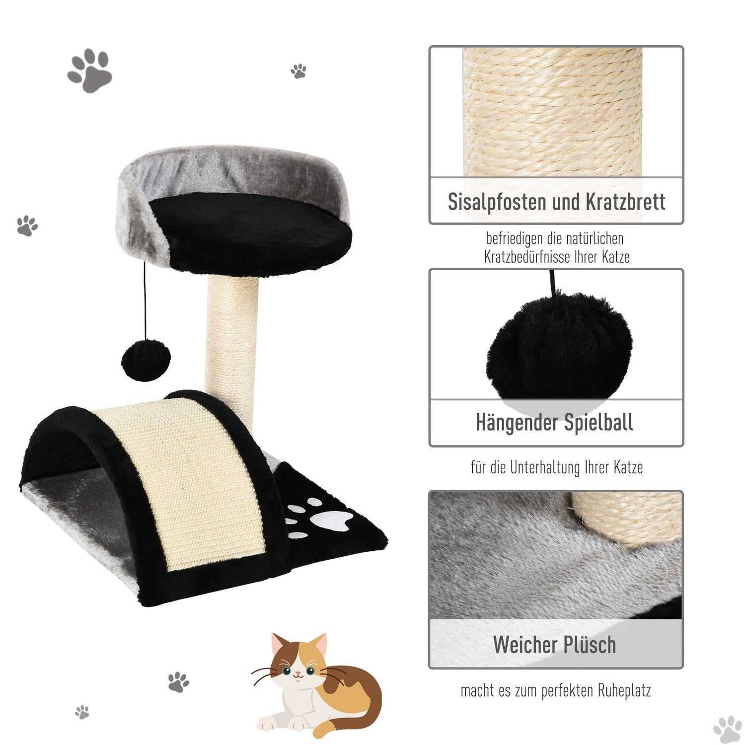 Kattskrapstolpe med sisal, lekbollar, svart, 35,5x37x46 cm