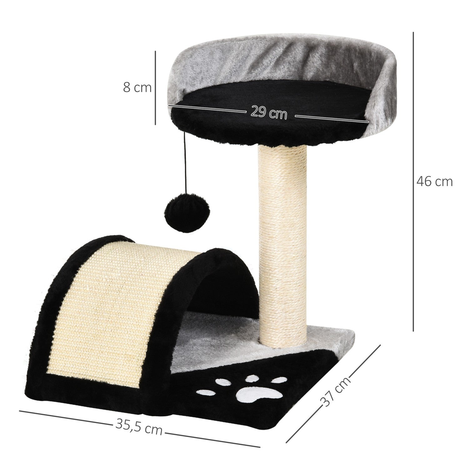 Kattskrapstolpe med sisal, lekbollar, svart, 35,5x37x46 cm