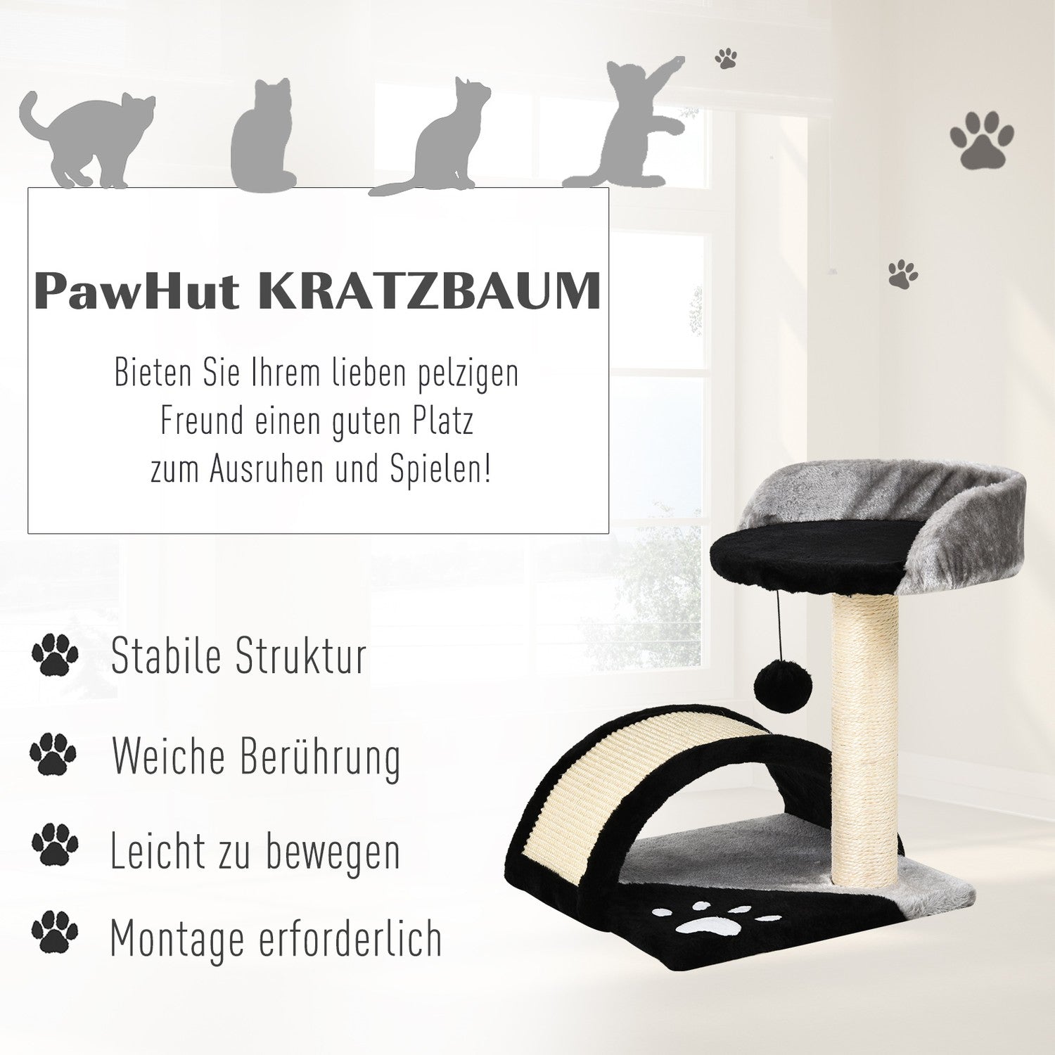 Kattskrapstolpe med sisal, lekbollar, svart, 35,5x37x46 cm