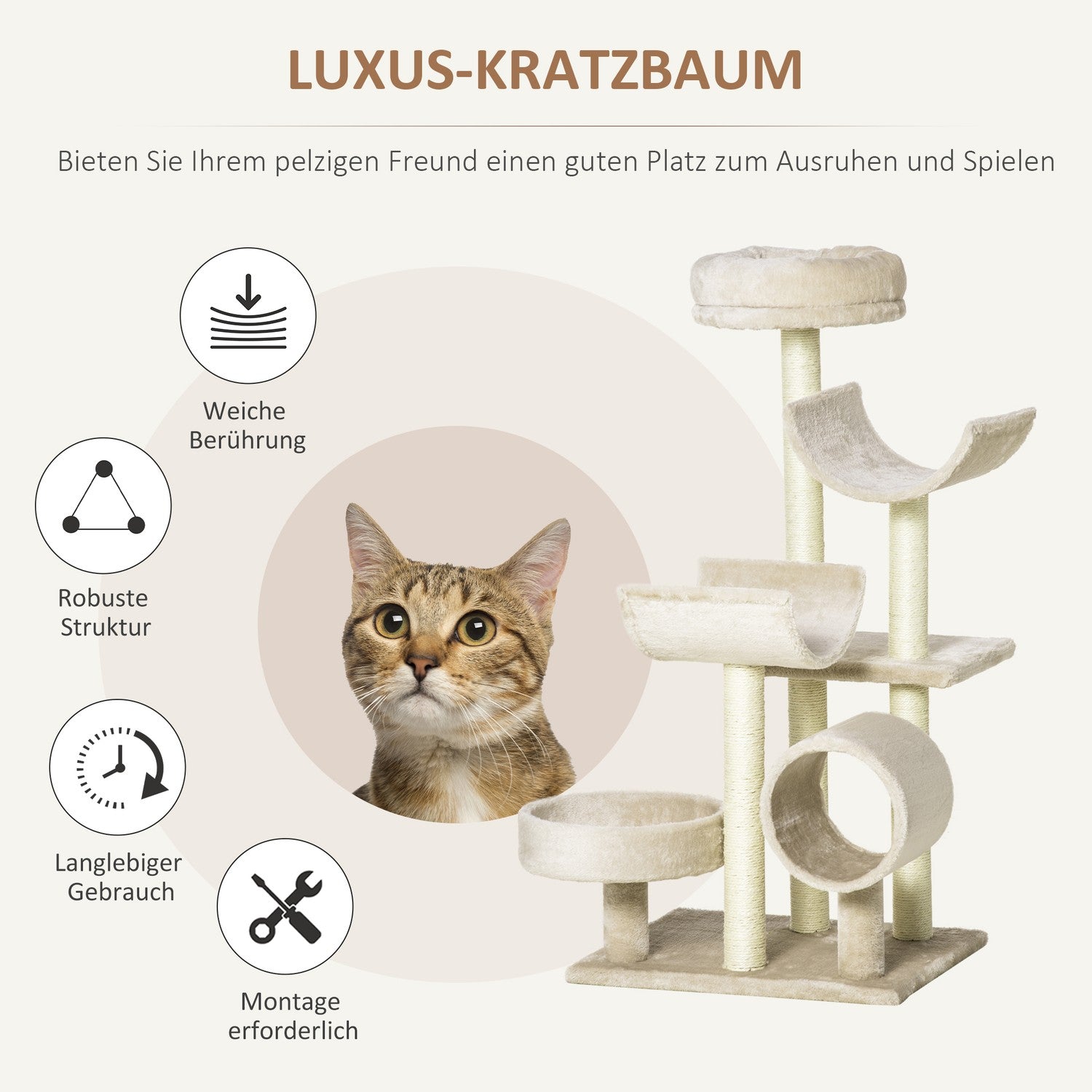 Kattskrapträd med tunnel, Beige, 105 cm Höjd