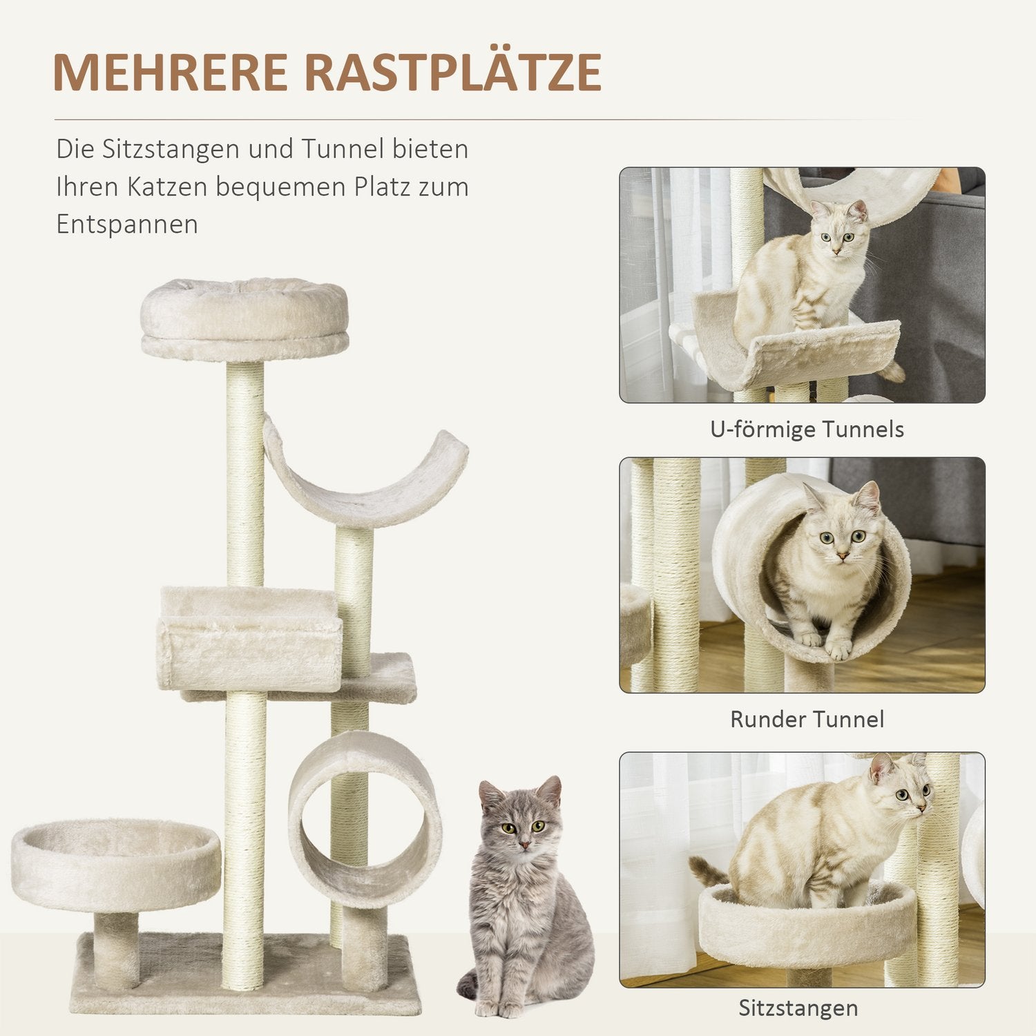 Kattskrapträd med tunnel, Beige, 105 cm Höjd