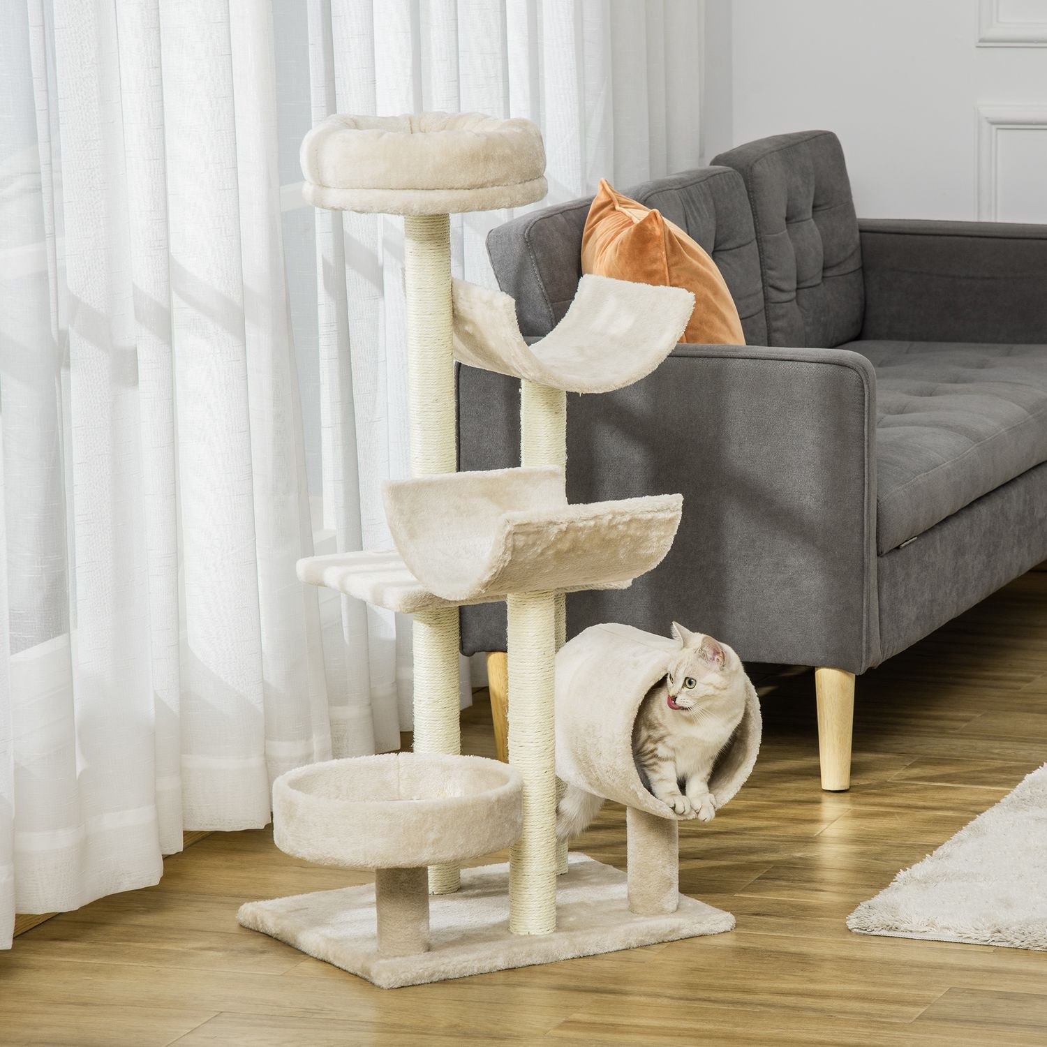 Kattskrapträd med tunnel, Beige, 105 cm Höjd
