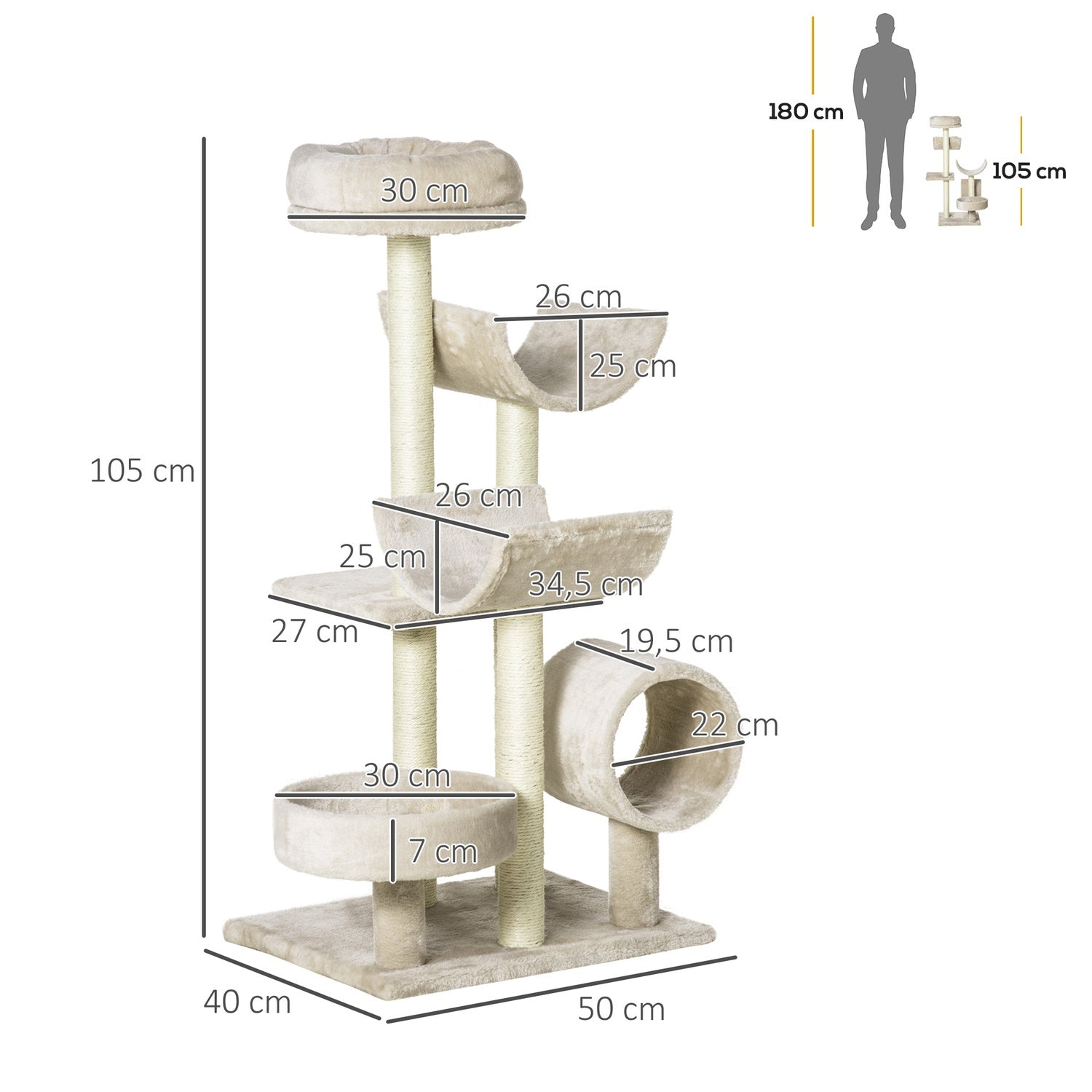 Kattskrapträd med tunnel, Beige, 105 cm Höjd