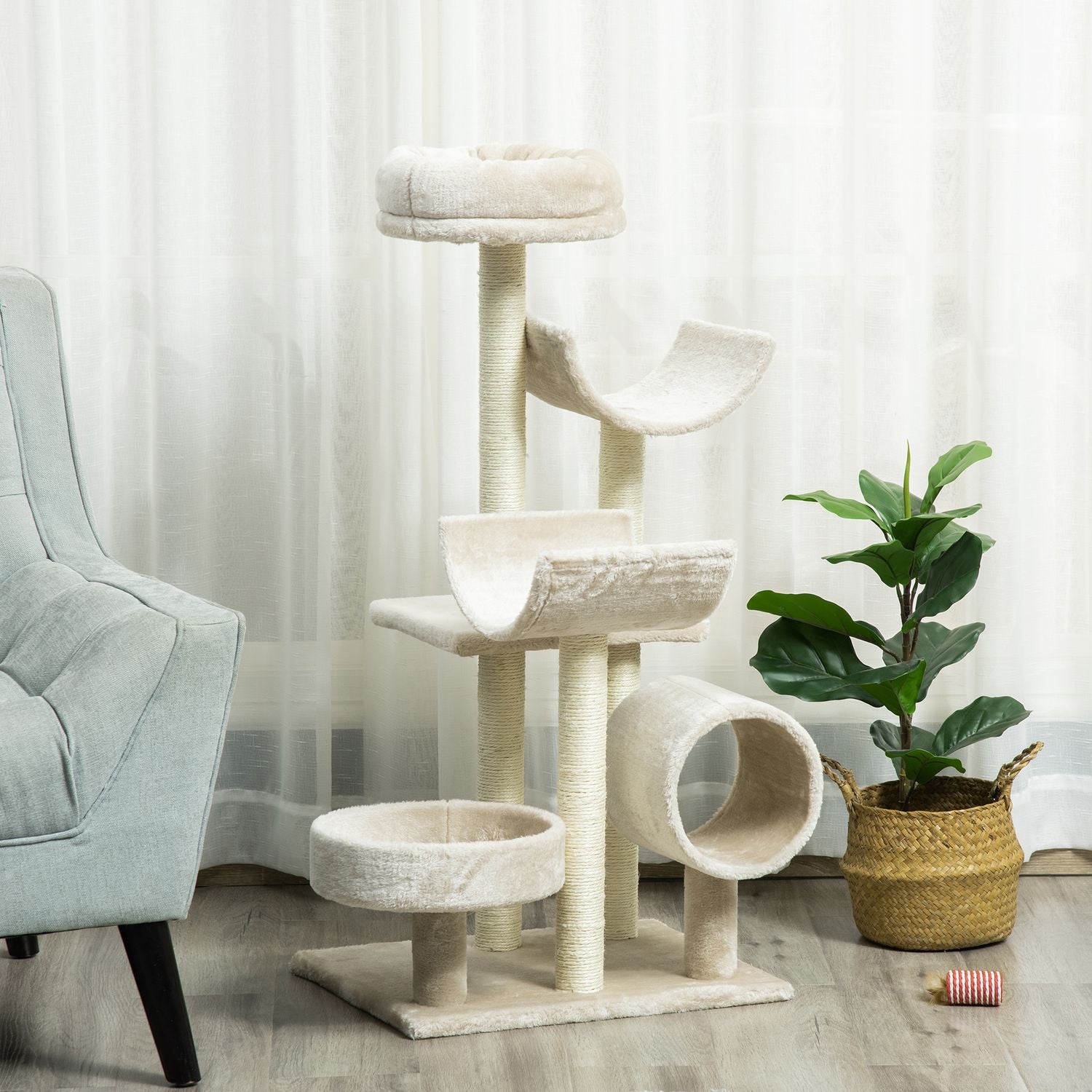 Kattskrapträd med tunnel, Beige, 105 cm Höjd