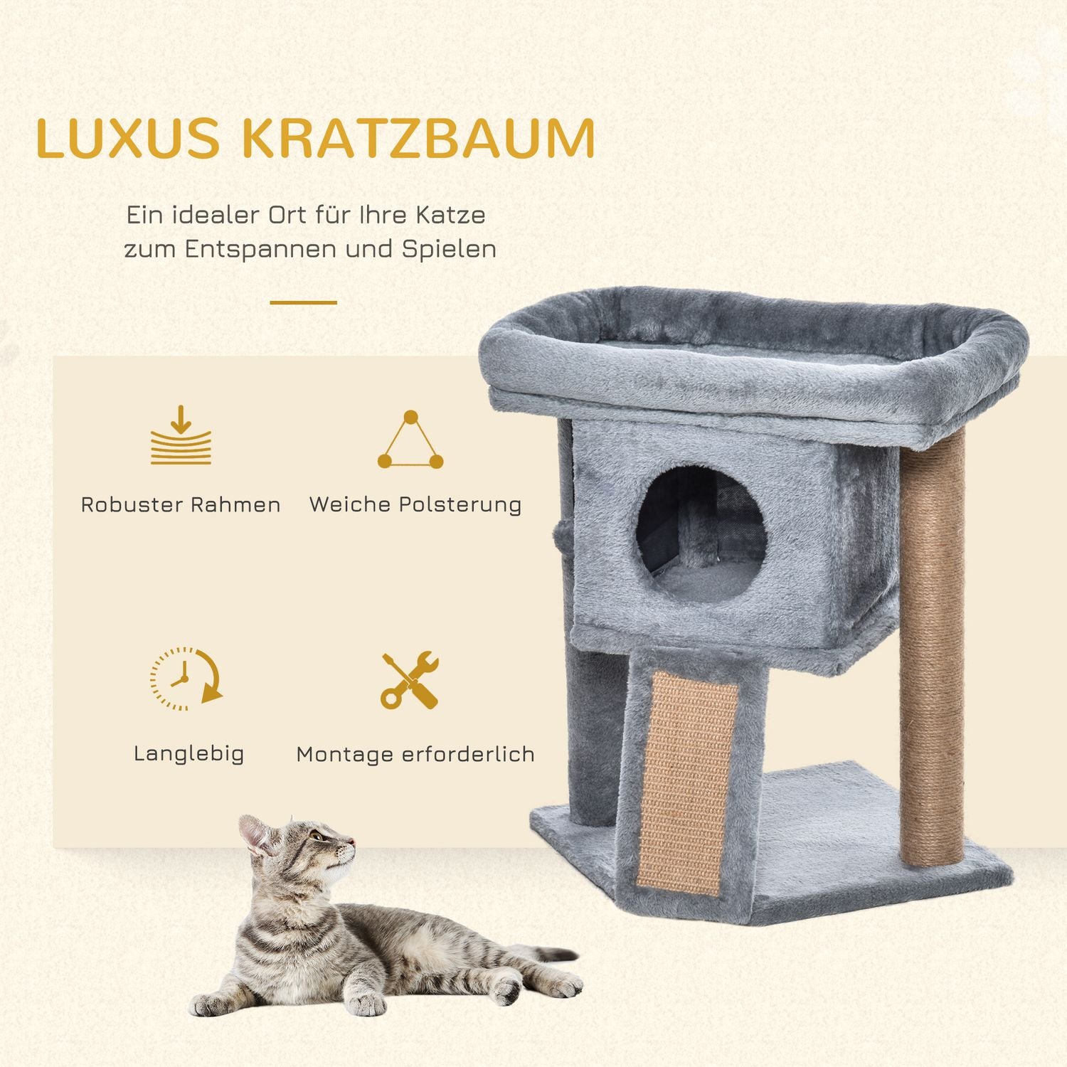 Kattträd med juteskrapsmatta och lekfunktioner, ljusgrå
